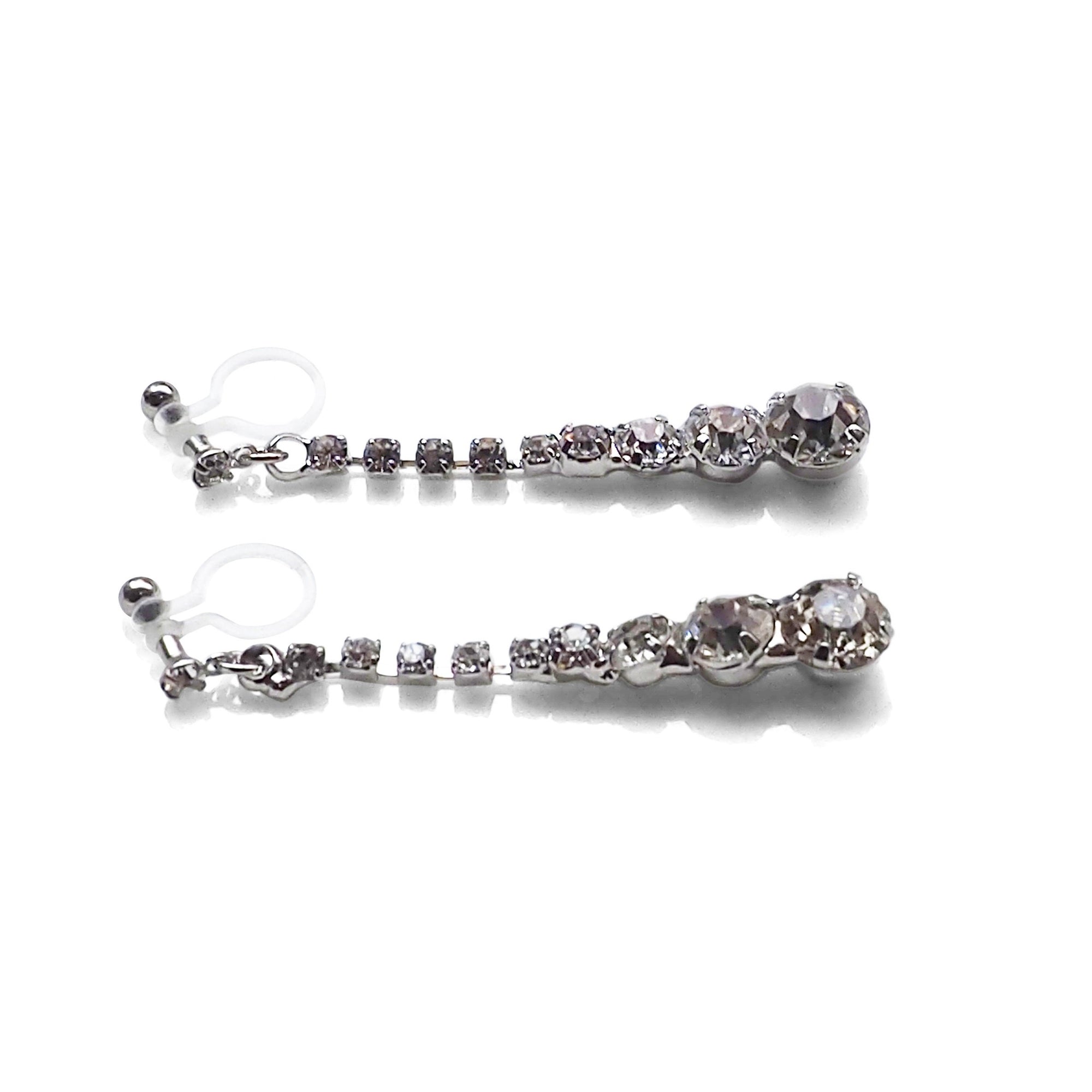 Bridal long rhinestone crystal invisible clip on earrings ( silver tone ) - miyabigracejewelry.com
