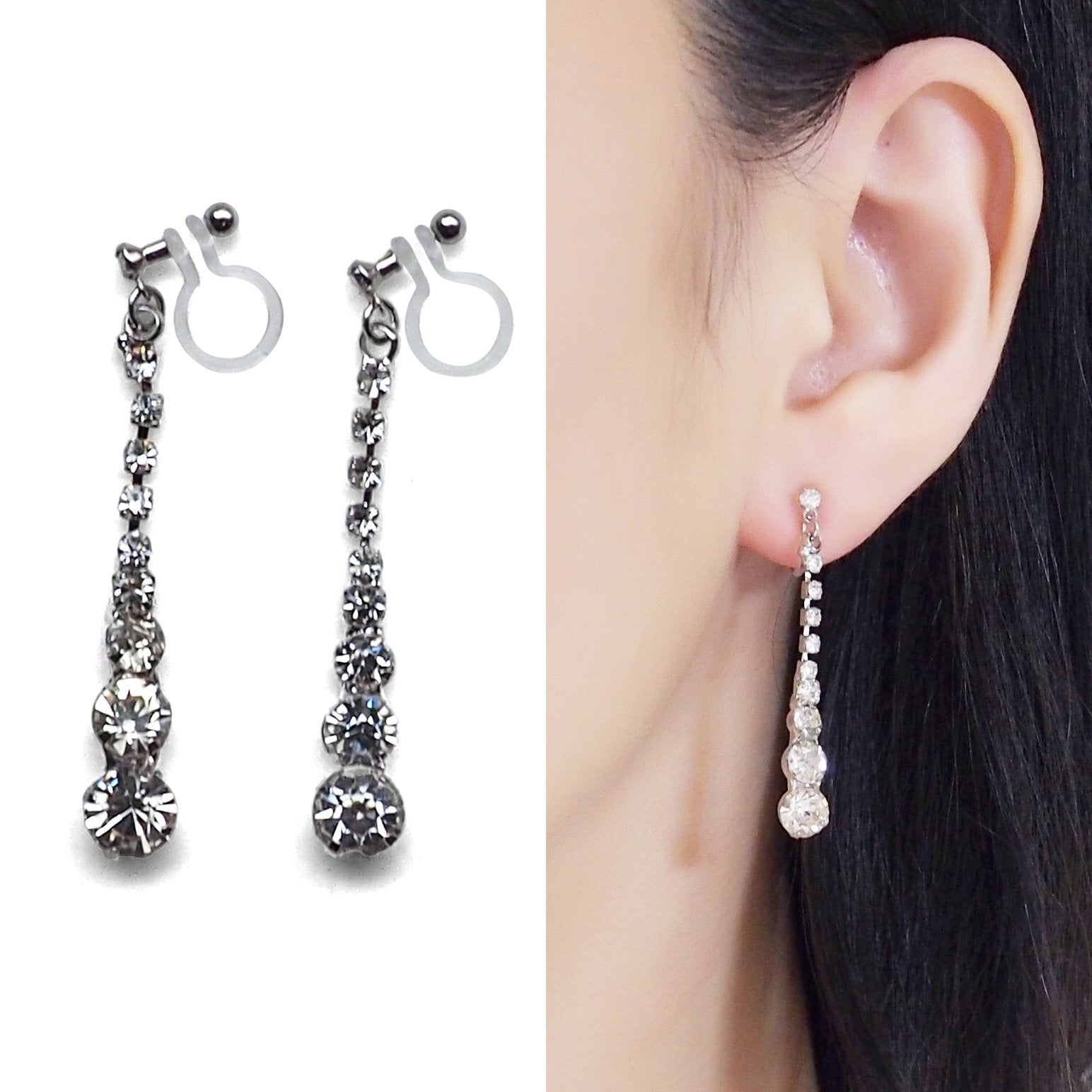 Bridal long rhinestone crystal invisible clip on earrings ( silver tone ) - miyabigracejewelry.com
