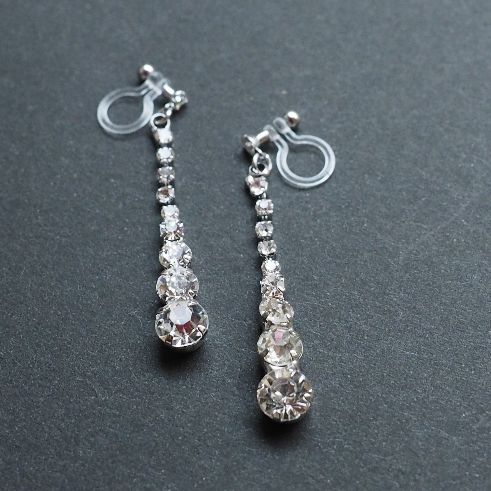 Bridal long rhinestone crystal invisible clip on earrings ( silver tone ) - miyabigracejewelry.com