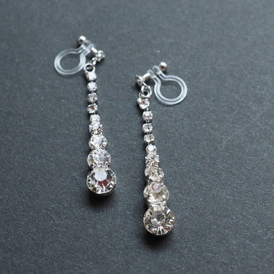 Bridal long rhinestone crystal invisible clip on earrings ( silver tone ) - miyabigracejewelry.com