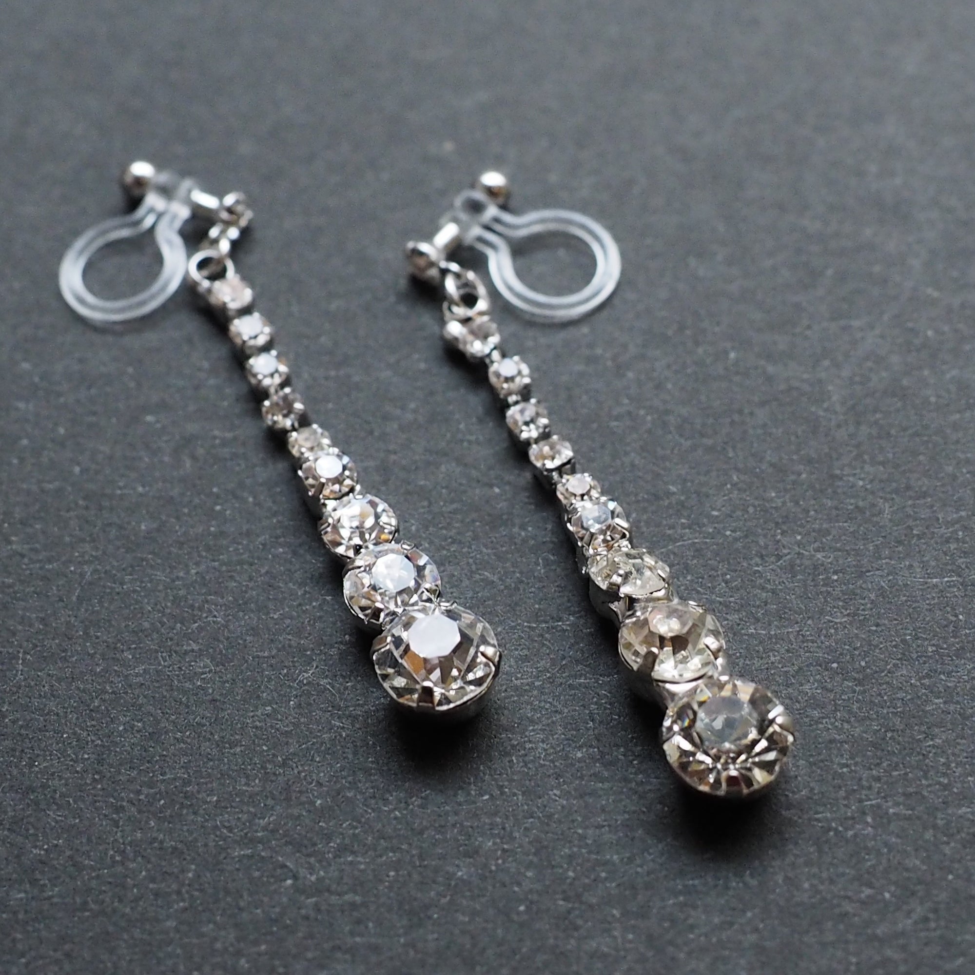 Bridal long rhinestone crystal invisible clip on earrings ( silver tone ) - miyabigracejewelry.com