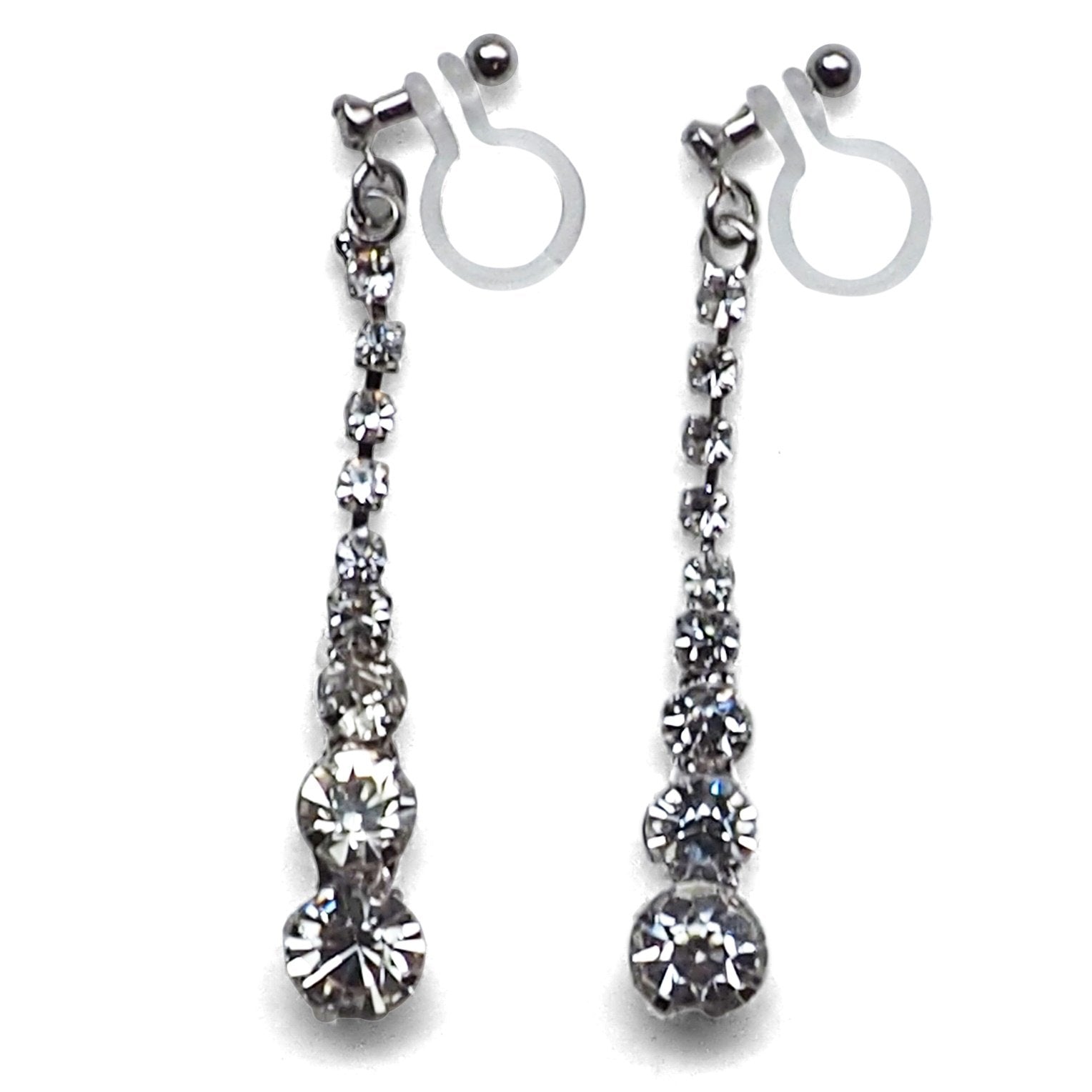 Bridal long rhinestone crystal invisible clip on earrings ( silver tone ) - miyabigracejewelry.com