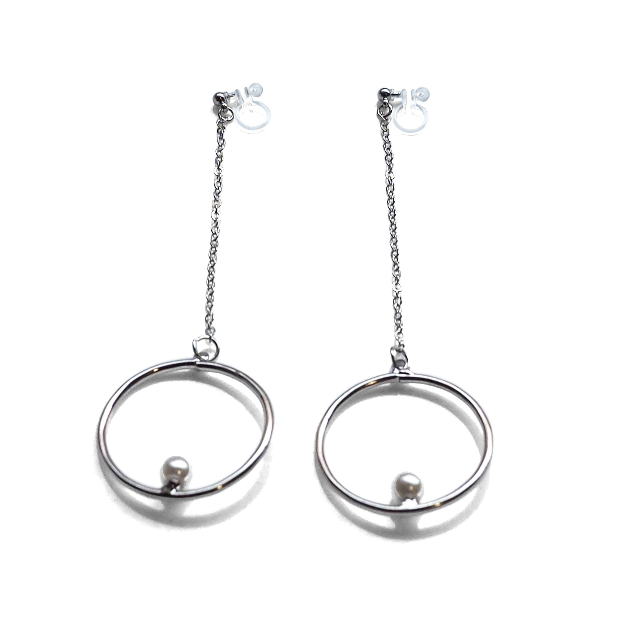 Dangle pearl on hoop invisible clip on earrings (silver tone) - miyabigracejewelry.com