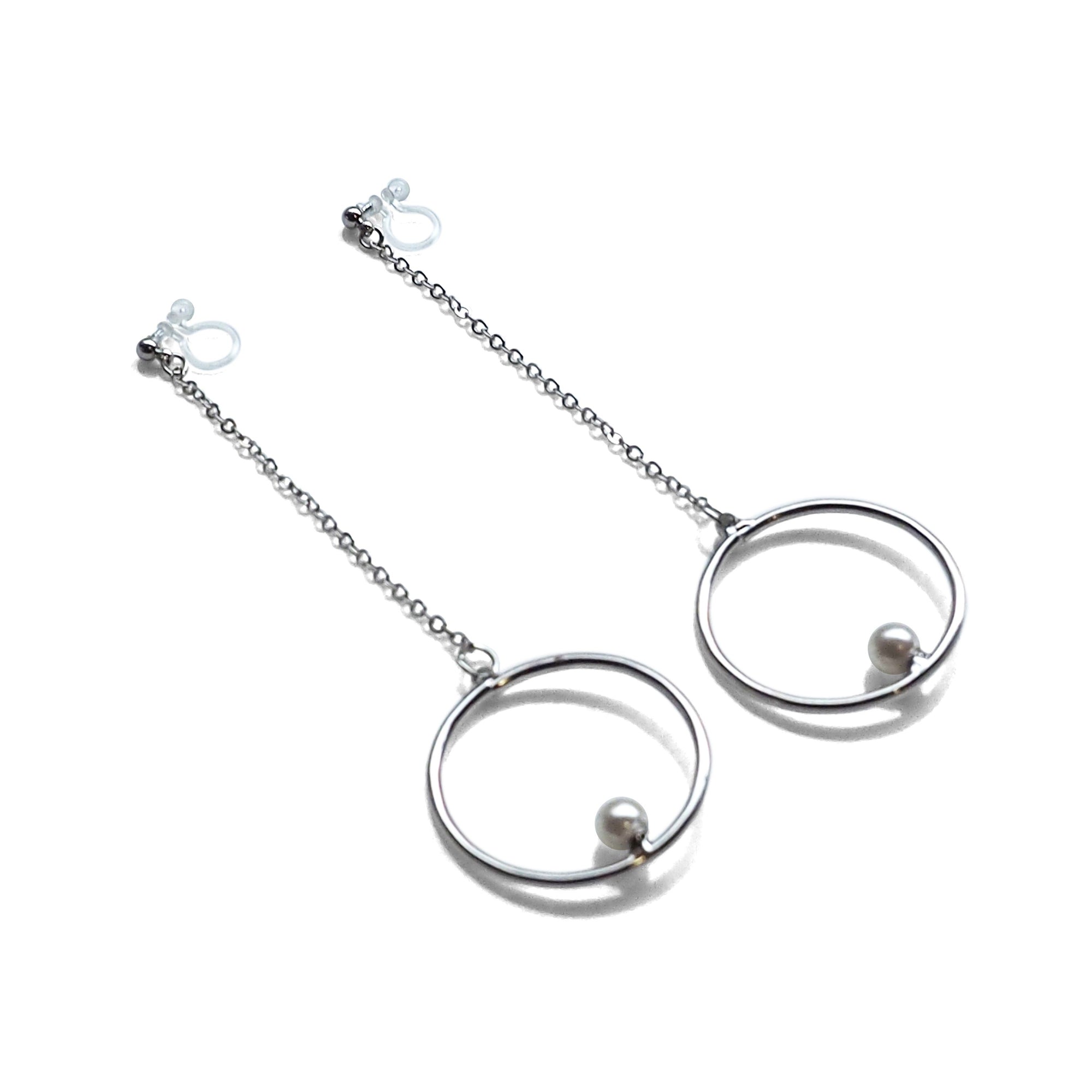 Dangle pearl on hoop invisible clip on earrings (silver tone) - miyabigracejewelry.com