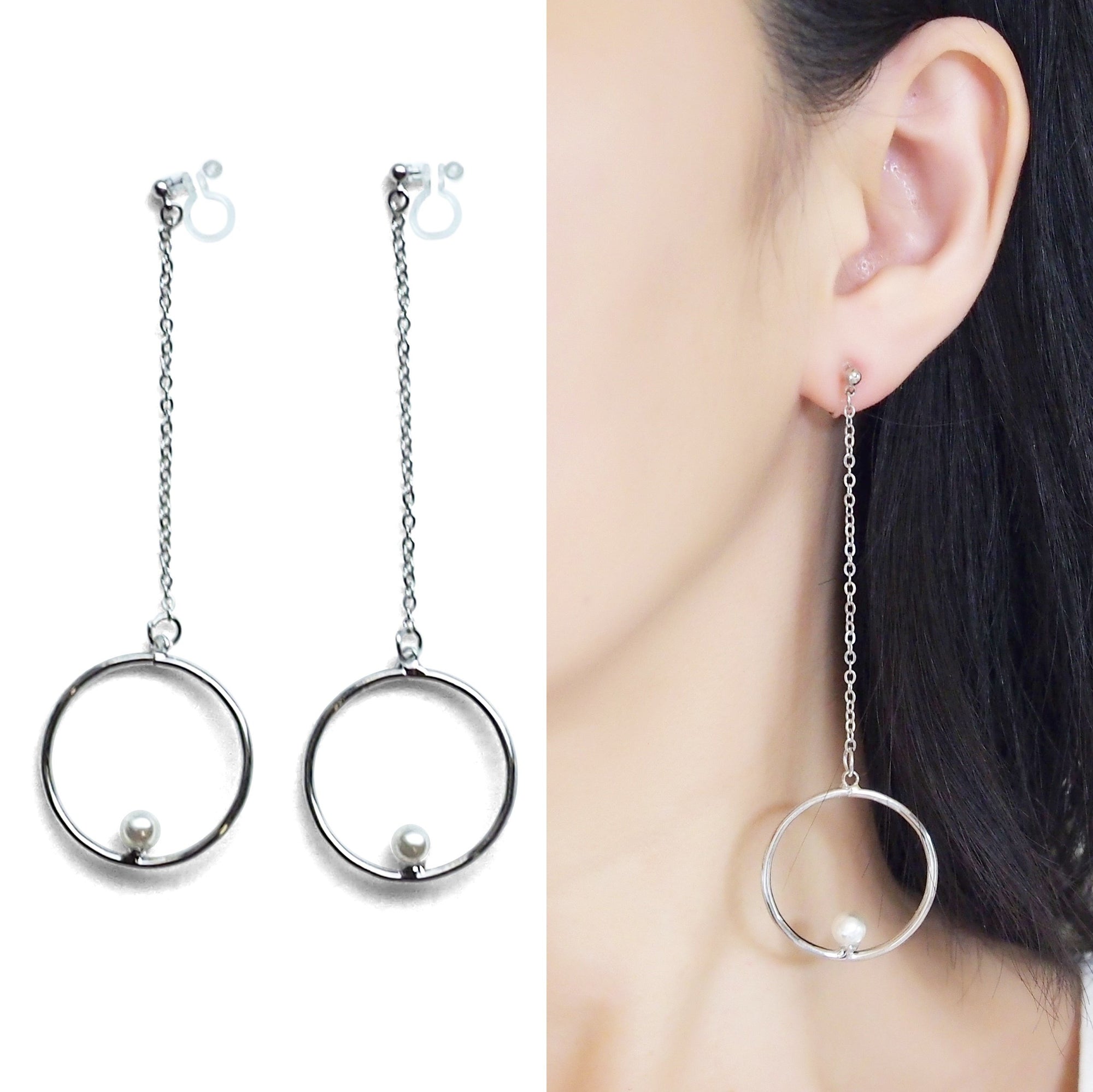 Dangle pearl on hoop invisible clip on earrings (silver tone) - miyabigracejewelry.com