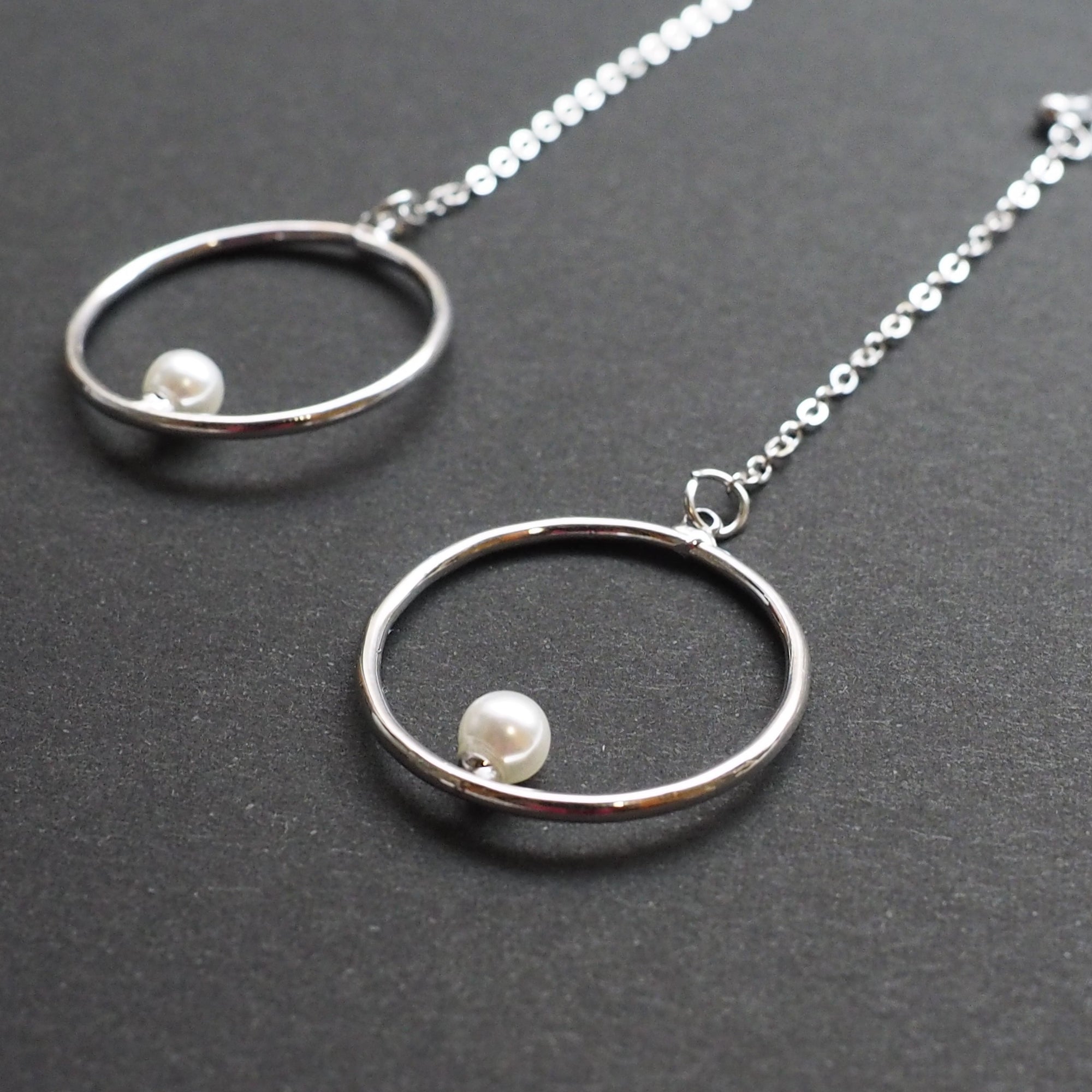 Dangle pearl on hoop invisible clip on earrings (silver tone) - miyabigracejewelry.com