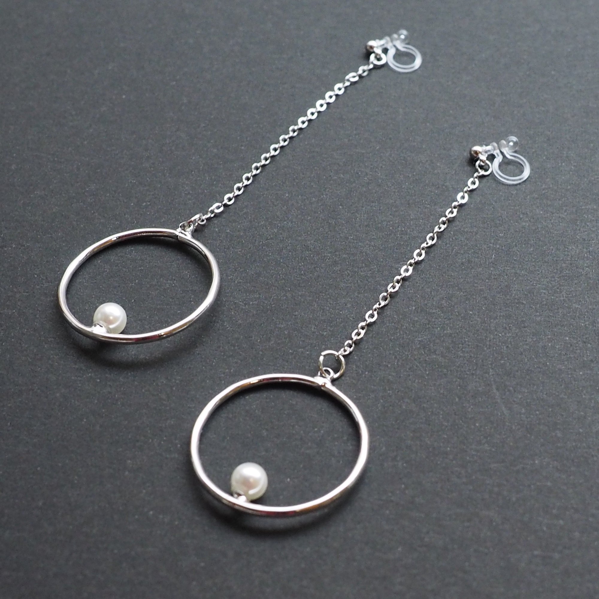 Dangle pearl on hoop invisible clip on earrings (silver tone) - miyabigracejewelry.com