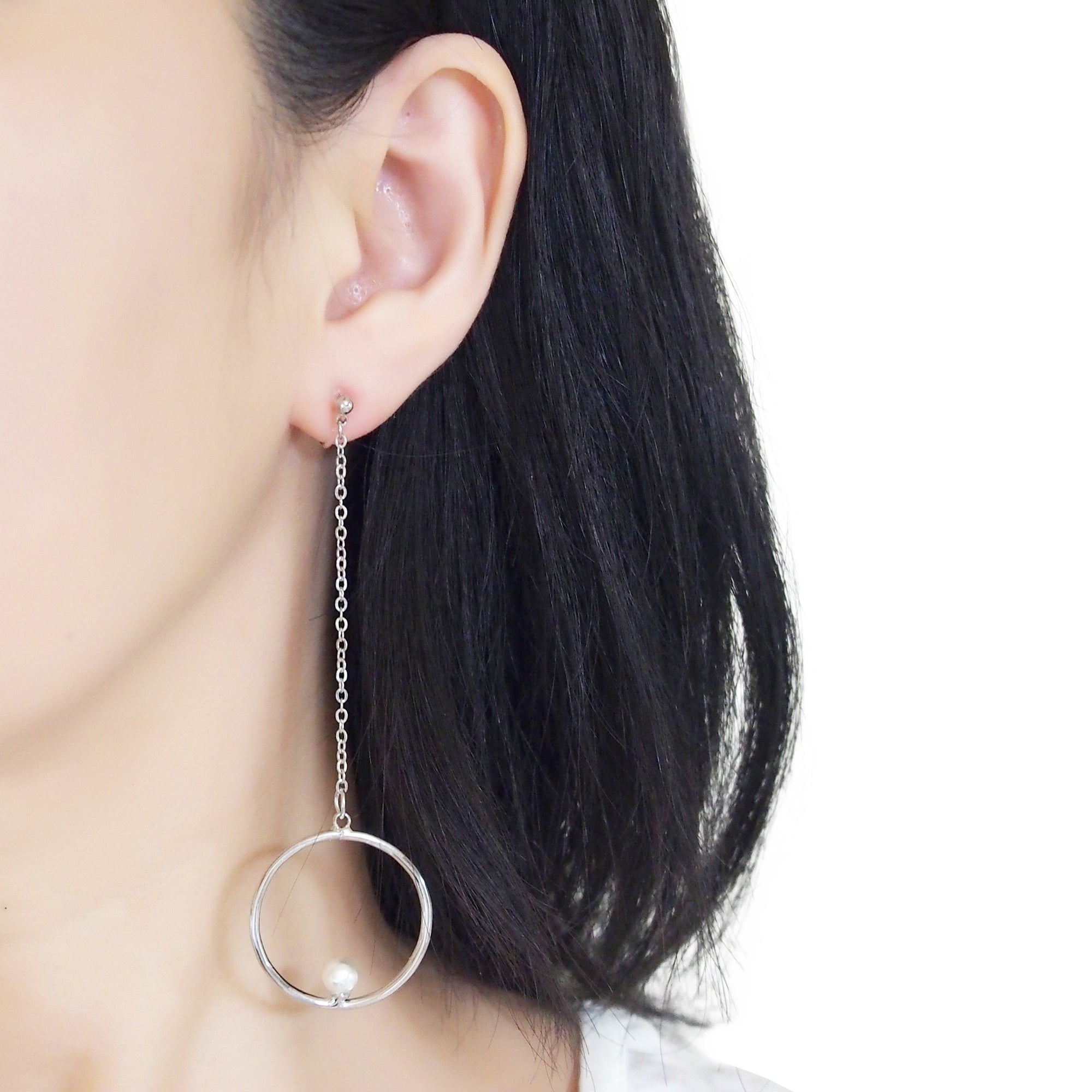 Dangle pearl on hoop invisible clip on earrings (silver tone) - miyabigracejewelry.com