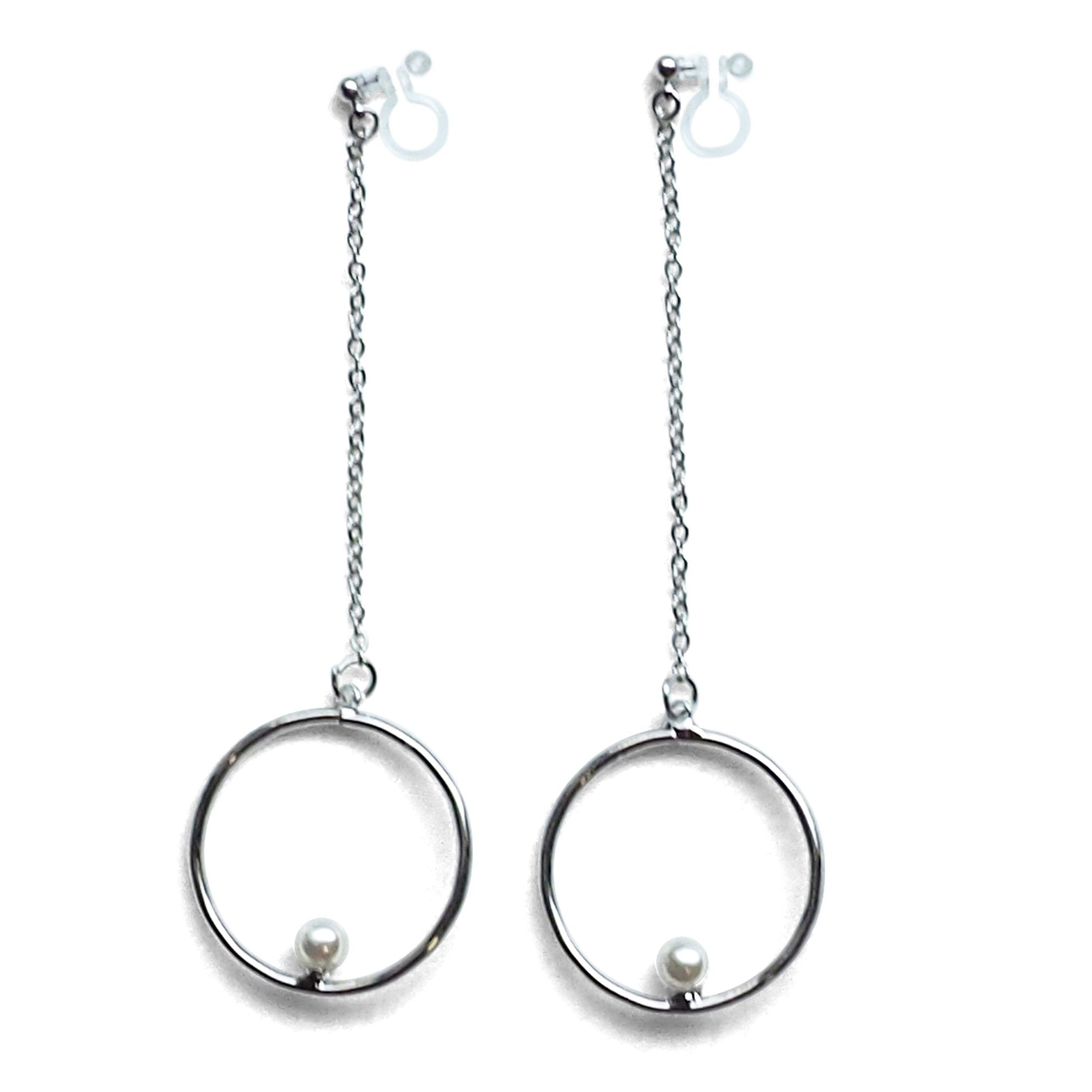 Dangle pearl on hoop invisible clip on earrings (silver tone) - miyabigracejewelry.com