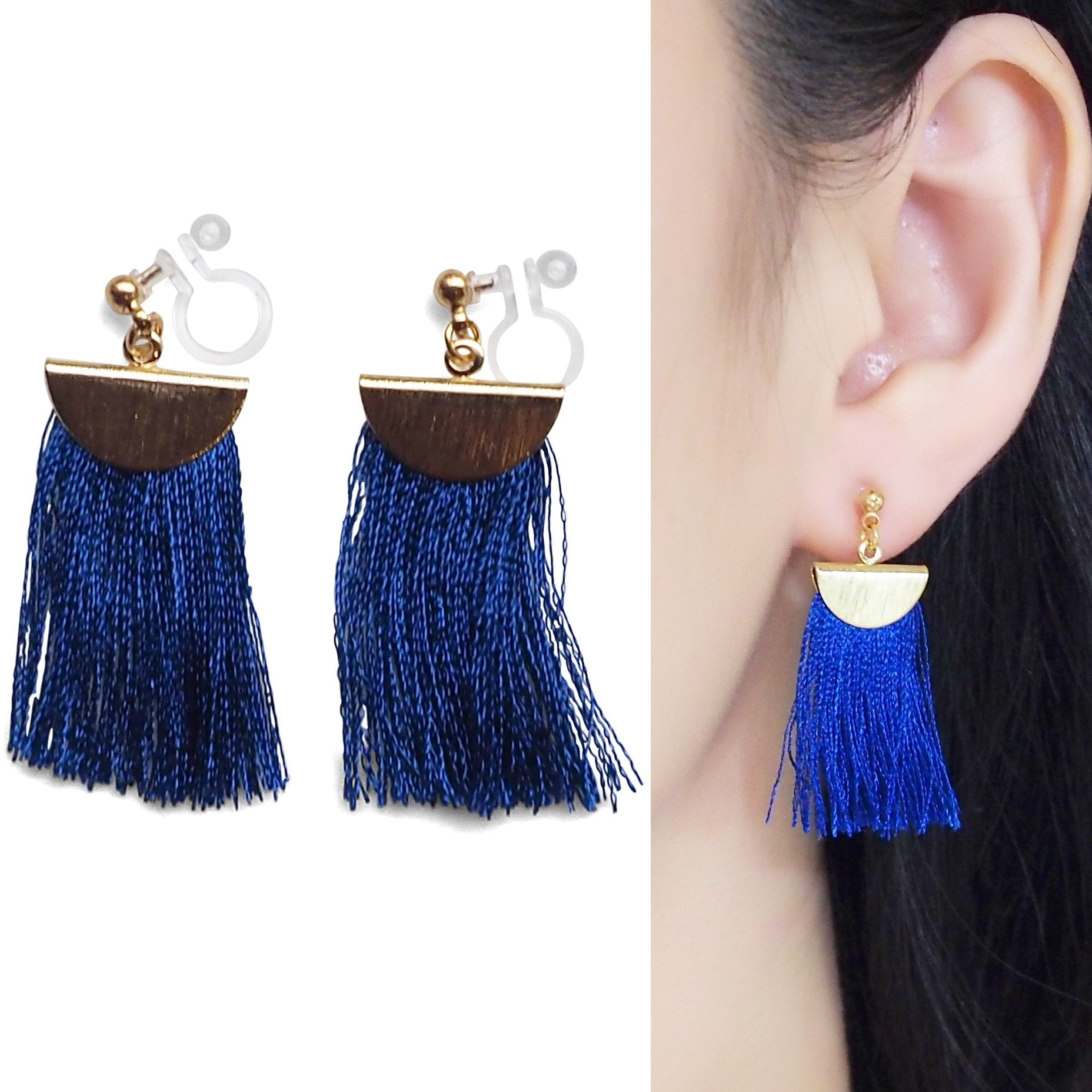 Royal blue flat tassel invisible clip on earrings - miyabigracejewelry.com