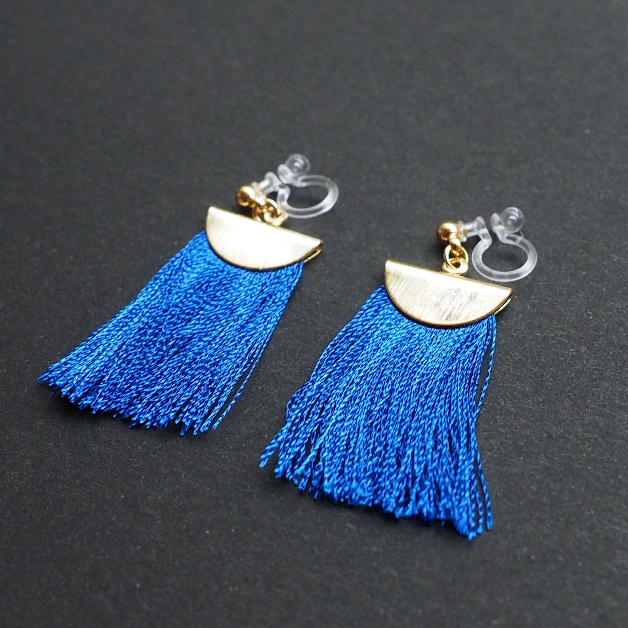 Royal blue flat tassel invisible clip on earrings - miyabigracejewelry.com