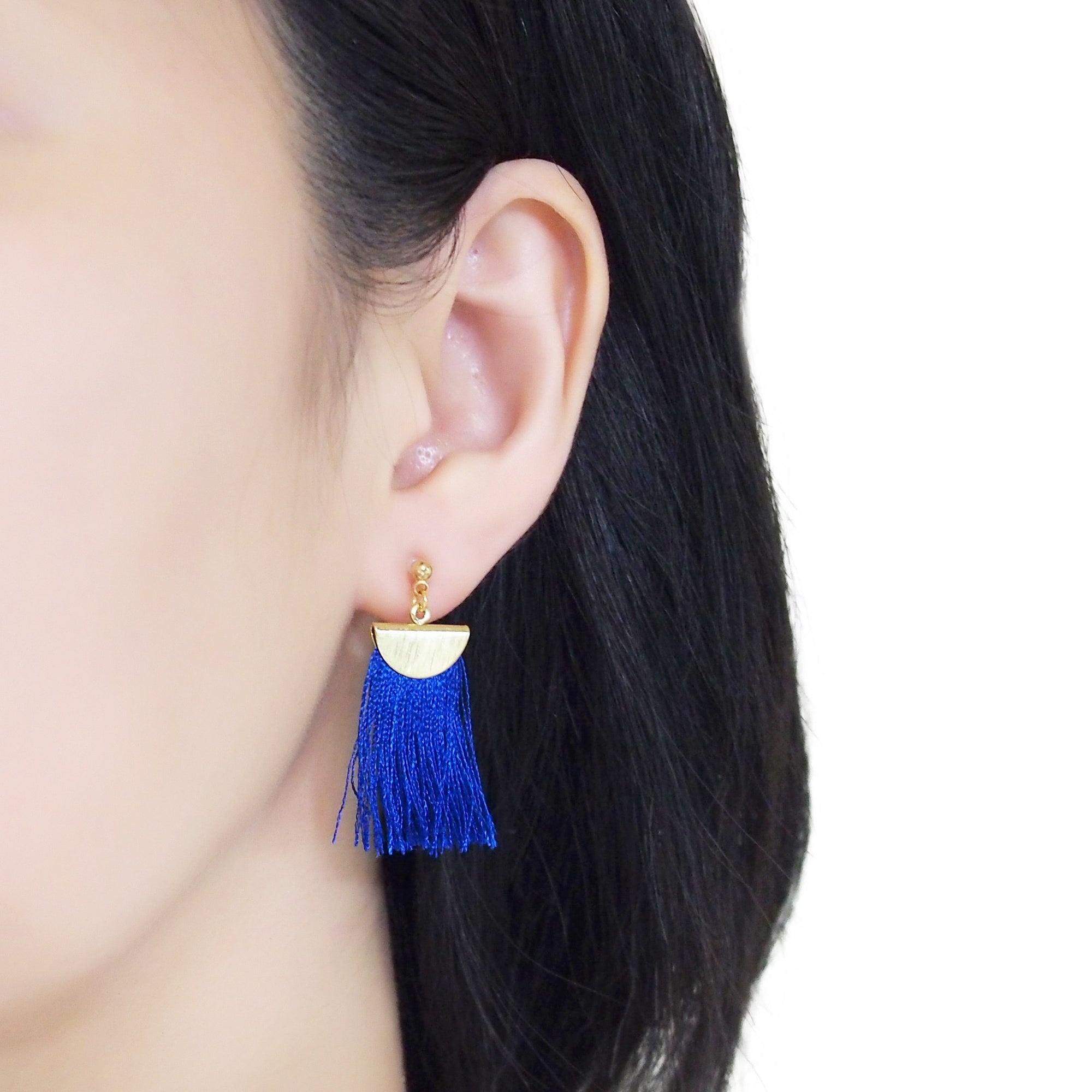 Royal blue flat tassel invisible clip on earrings - miyabigracejewelry.com