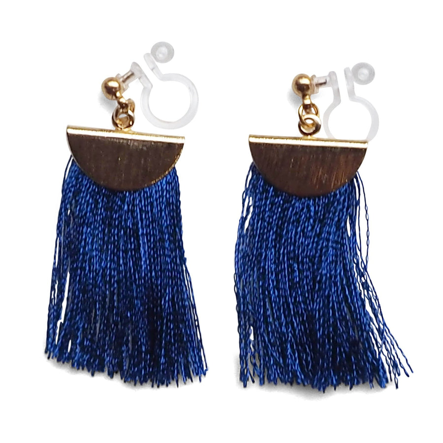 Royal blue flat tassel invisible clip on earrings - miyabigracejewelry.com