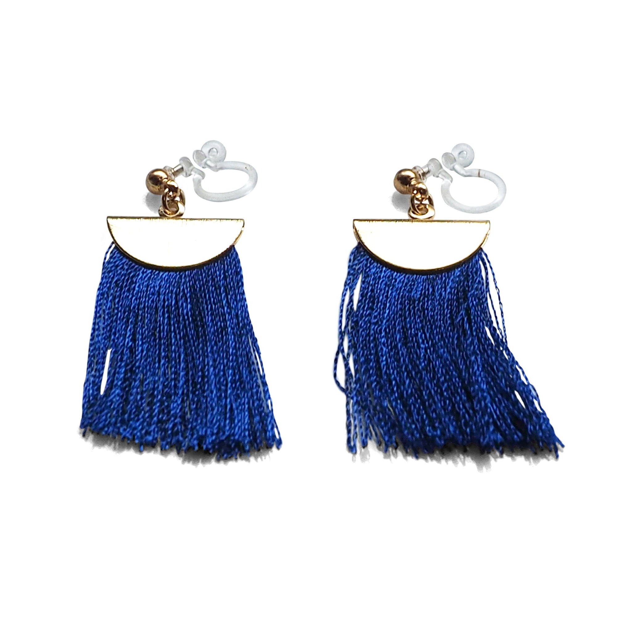 Royal blue flat tassel invisible clip on earrings - miyabigracejewelry.com