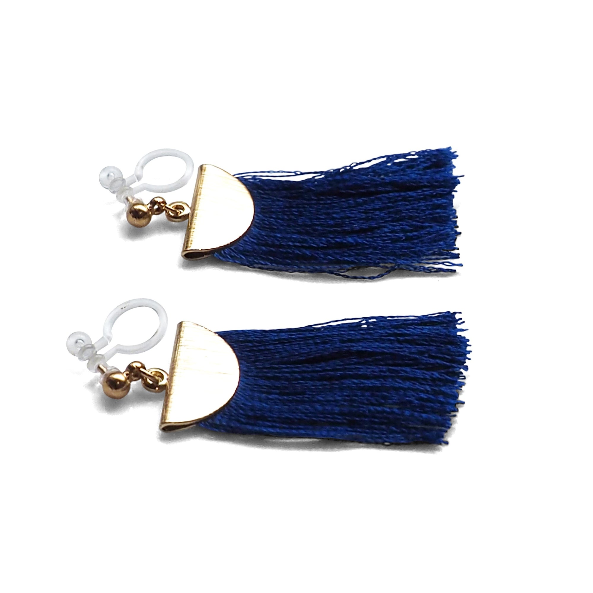 Royal blue flat tassel invisible clip on earrings - miyabigracejewelry.com