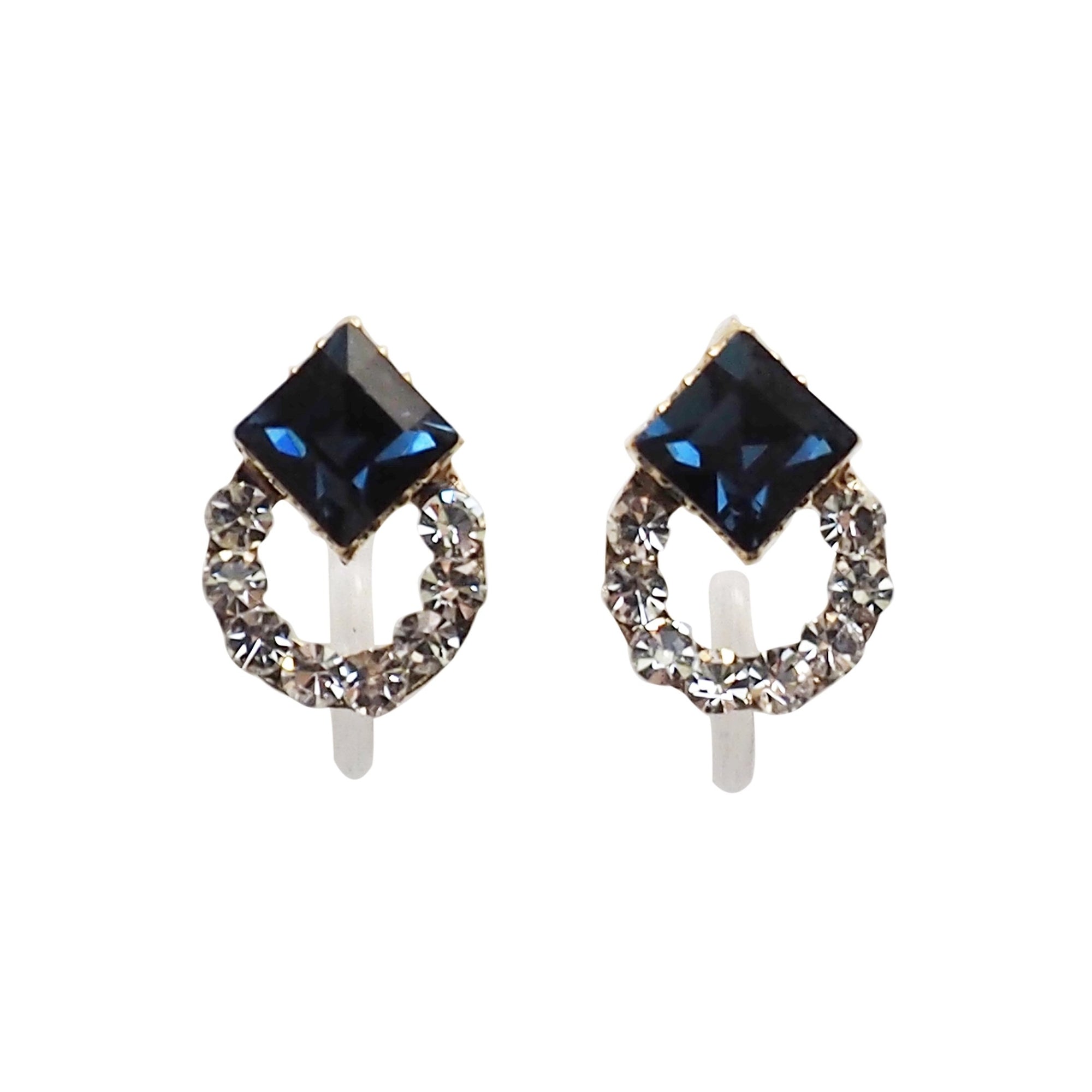 Navy Blue Swarovski Hoop Rhinestone Invisible Clip On Stud Earrings - miyabigracejewelry.com