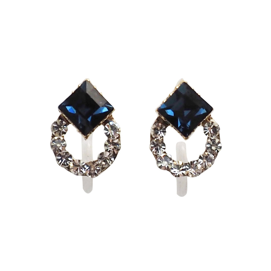 Navy Blue Swarovski Hoop Rhinestone Invisible Clip On Stud Earrings - miyabigracejewelry.com