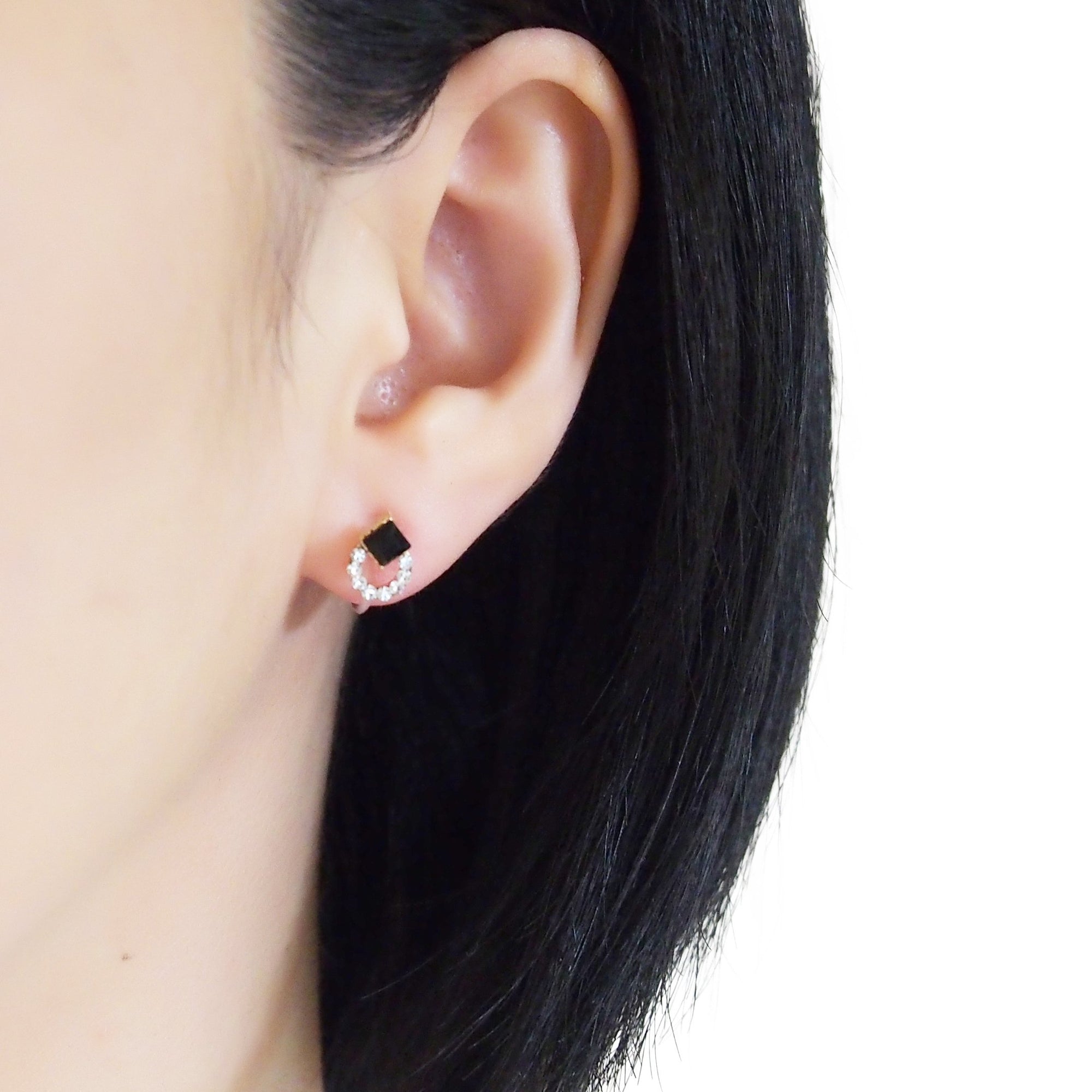 Black Swarovski Hoop Rhinestone Invisible Clip On Stud Earrings - miyabigracejewelry.com