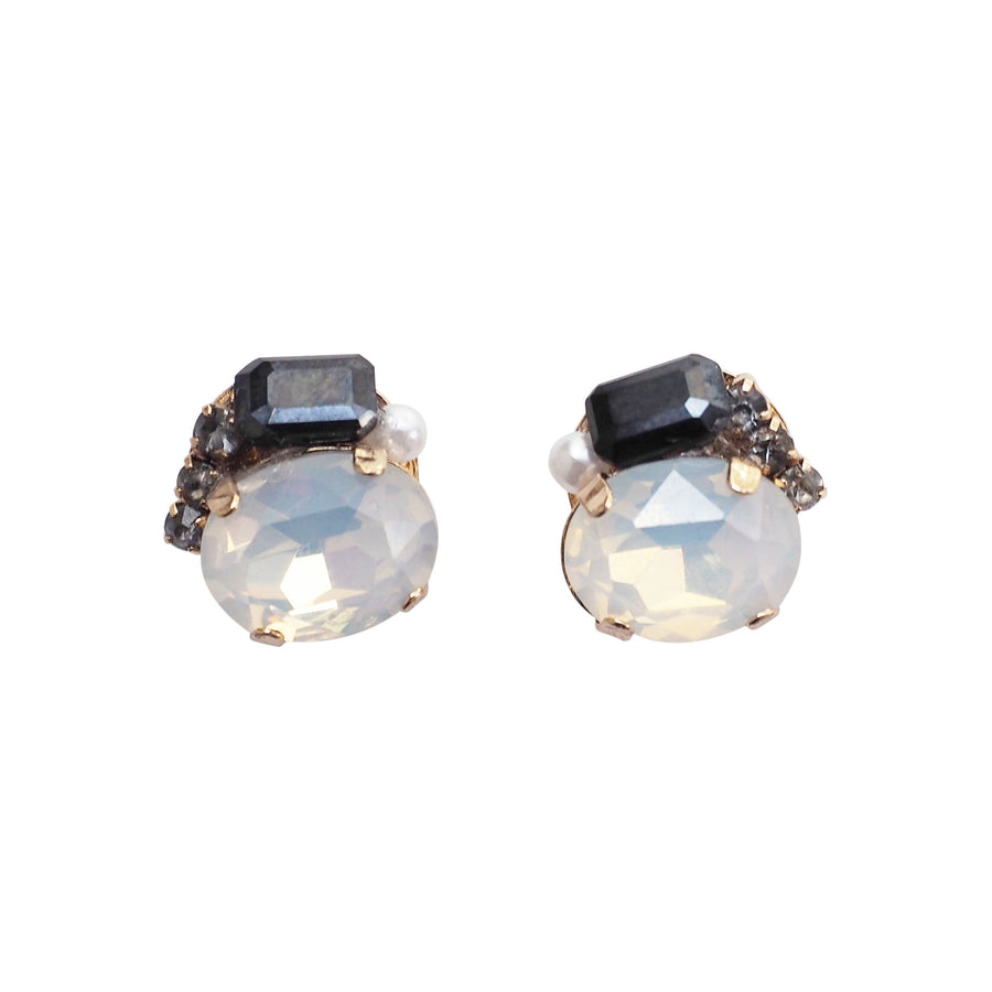 White and Black Rhinestone Invisible Clip On Stud Earrings ( Black ) - miyabigracejewelry.com
