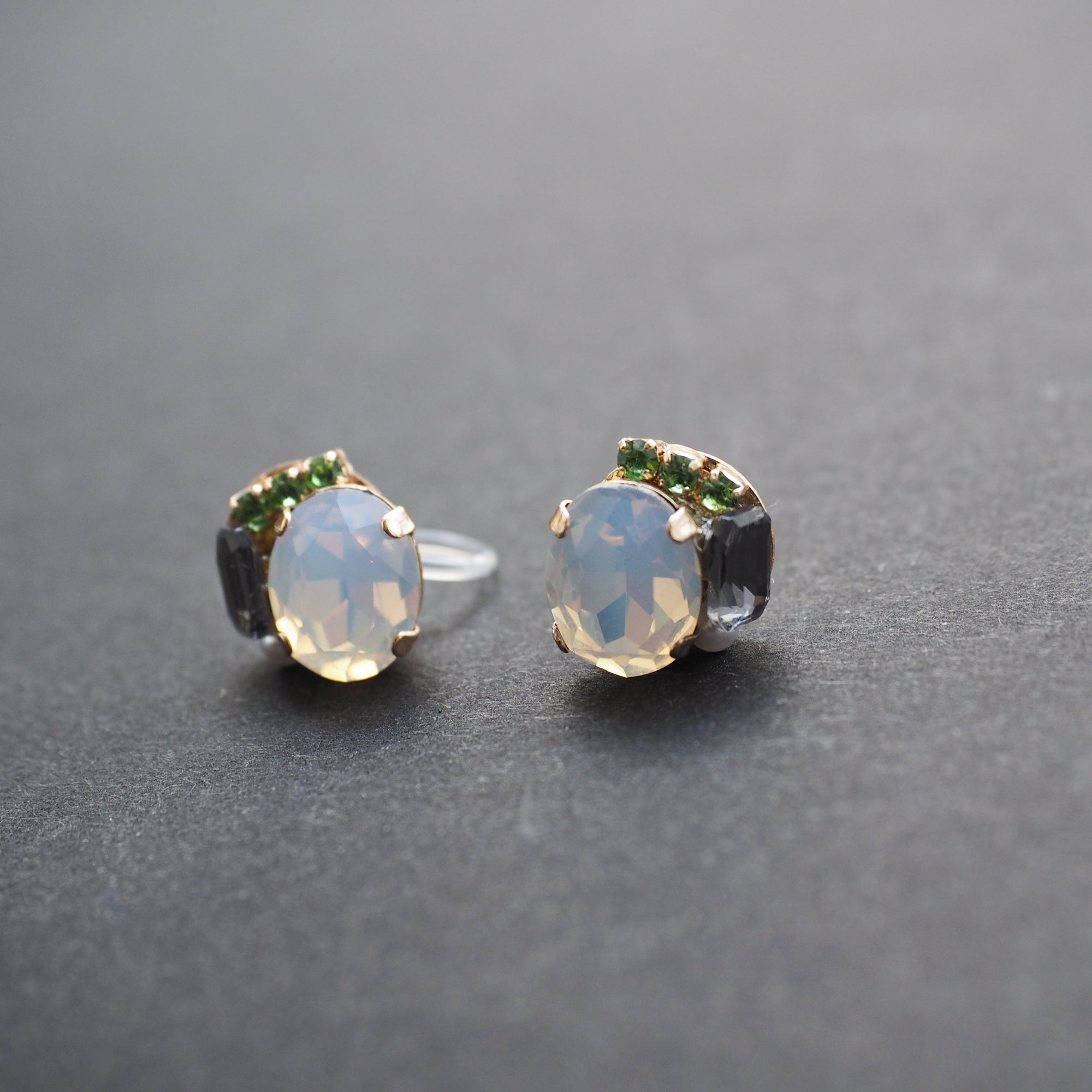 White and Black Rhinestone Invisible Clip On Stud Earrings ( Green ) - miyabigracejewelry.com