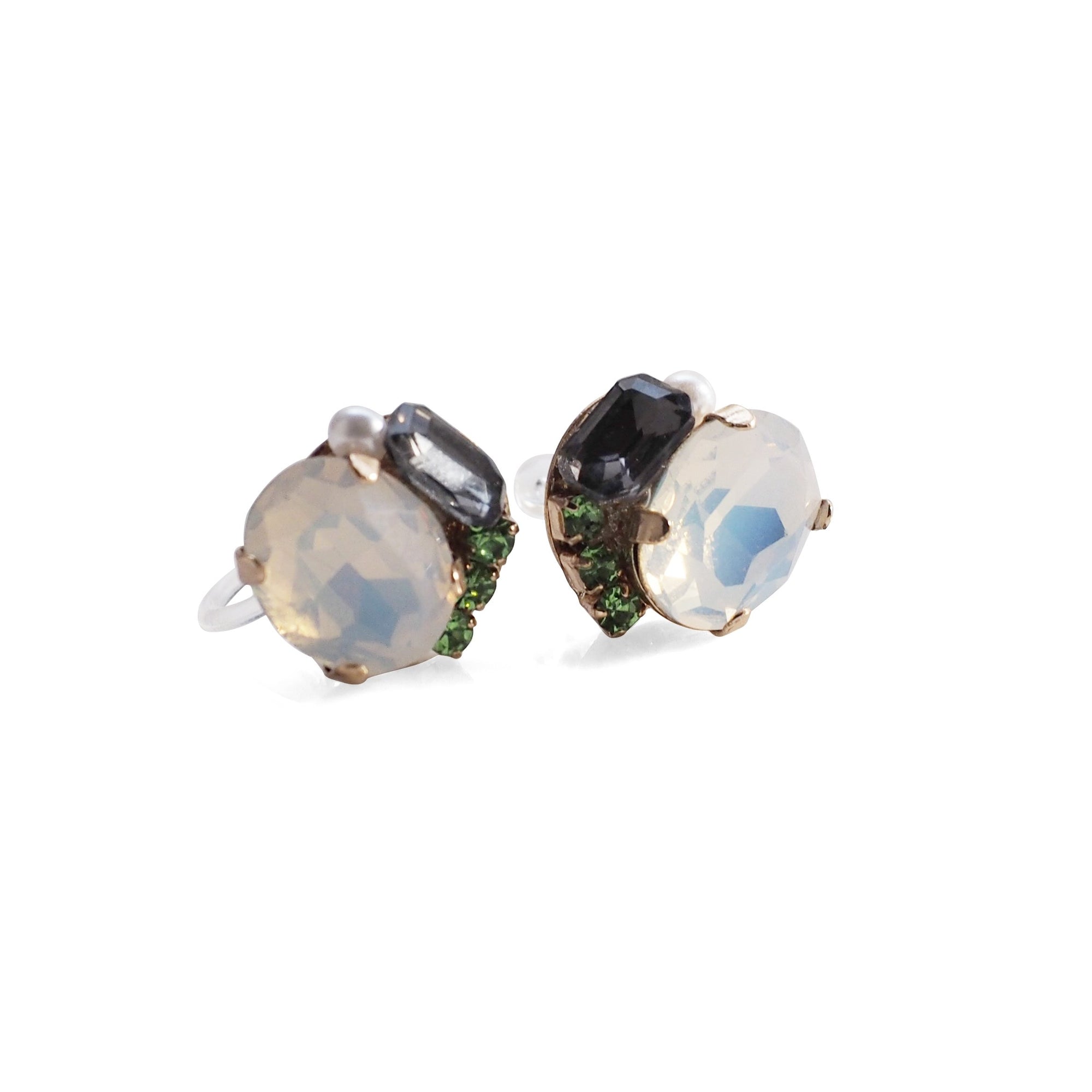 White and Black Rhinestone Invisible Clip On Stud Earrings ( Green ) - miyabigracejewelry.com