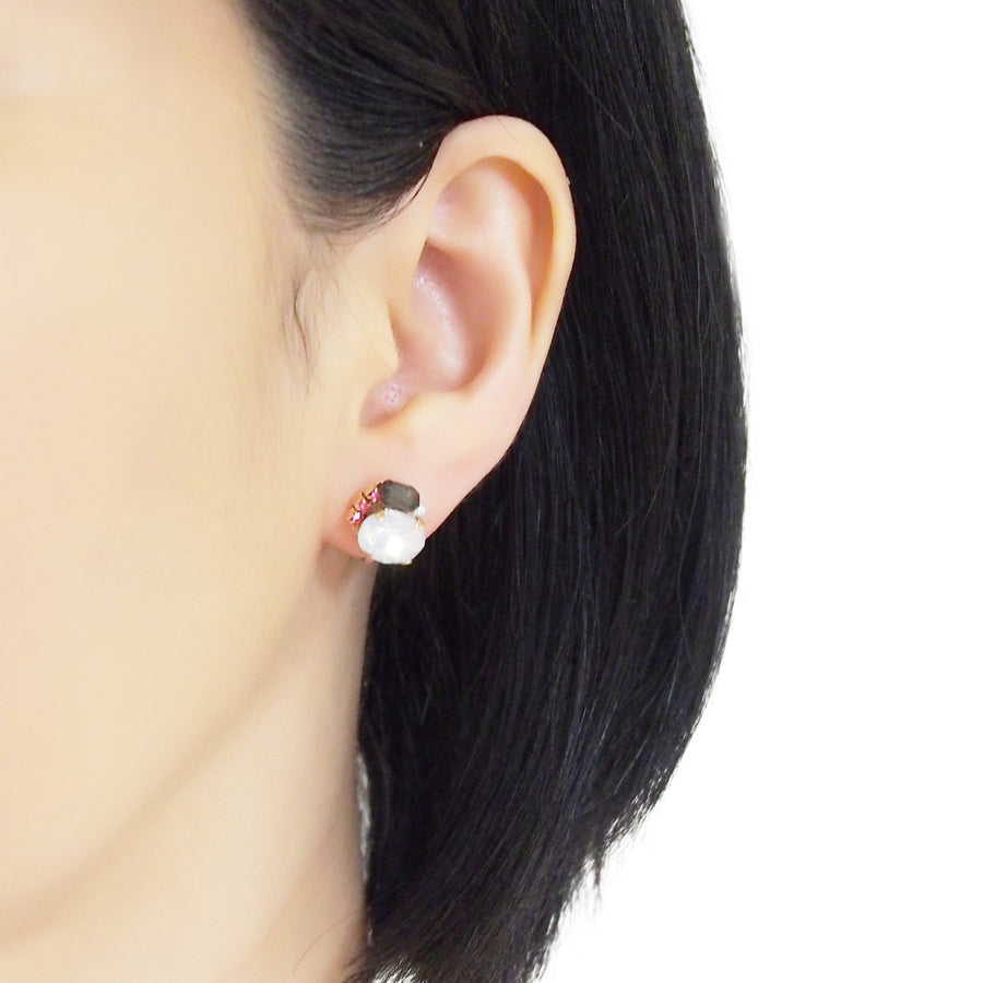 White and Black Rhinestone Invisible Clip On Stud Earrings ( Pink ) - miyabigracejewelry.com