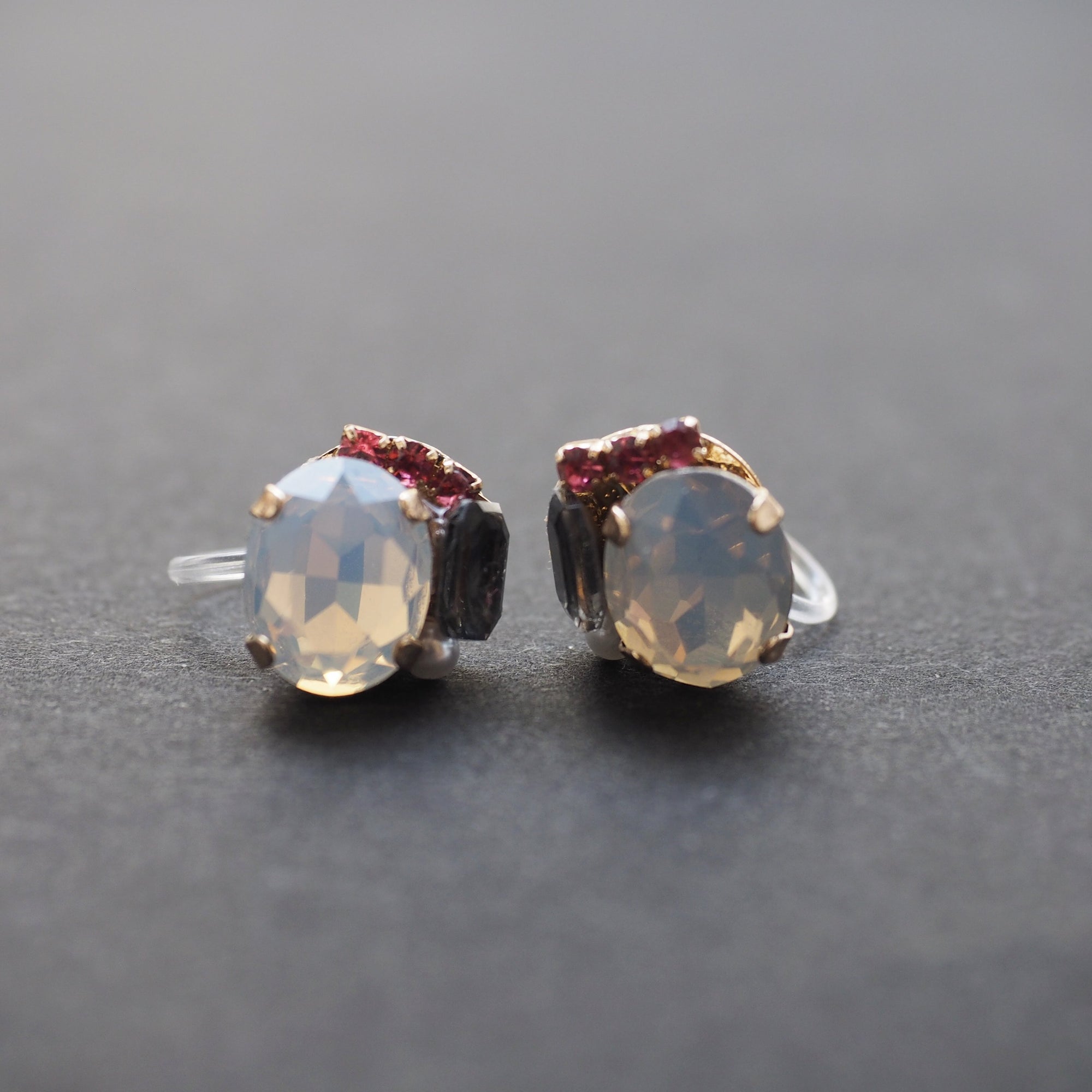 White and Black Rhinestone Invisible Clip On Stud Earrings ( Pink ) - miyabigracejewelry.com