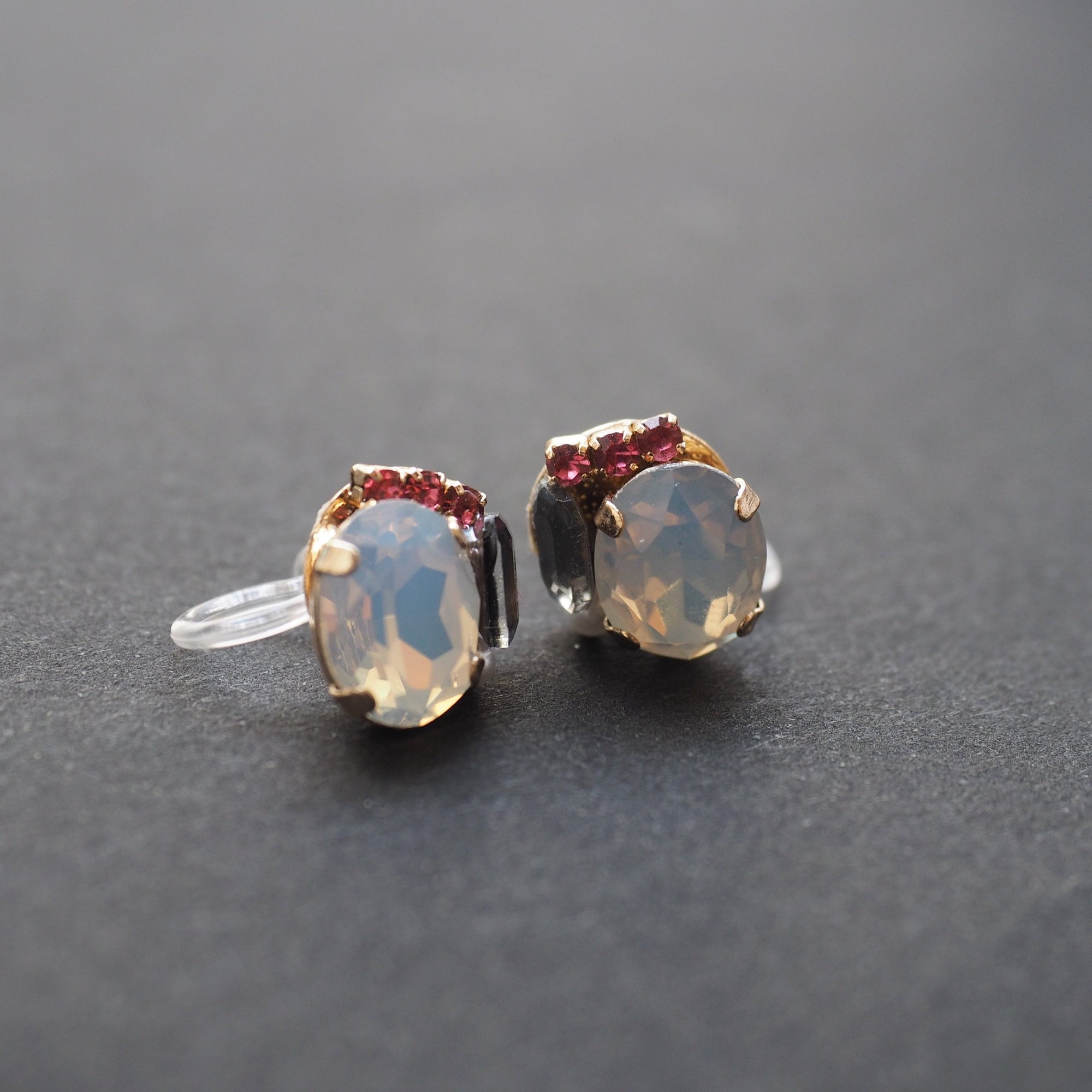White and Black Rhinestone Invisible Clip On Stud Earrings ( Pink ) - miyabigracejewelry.com
