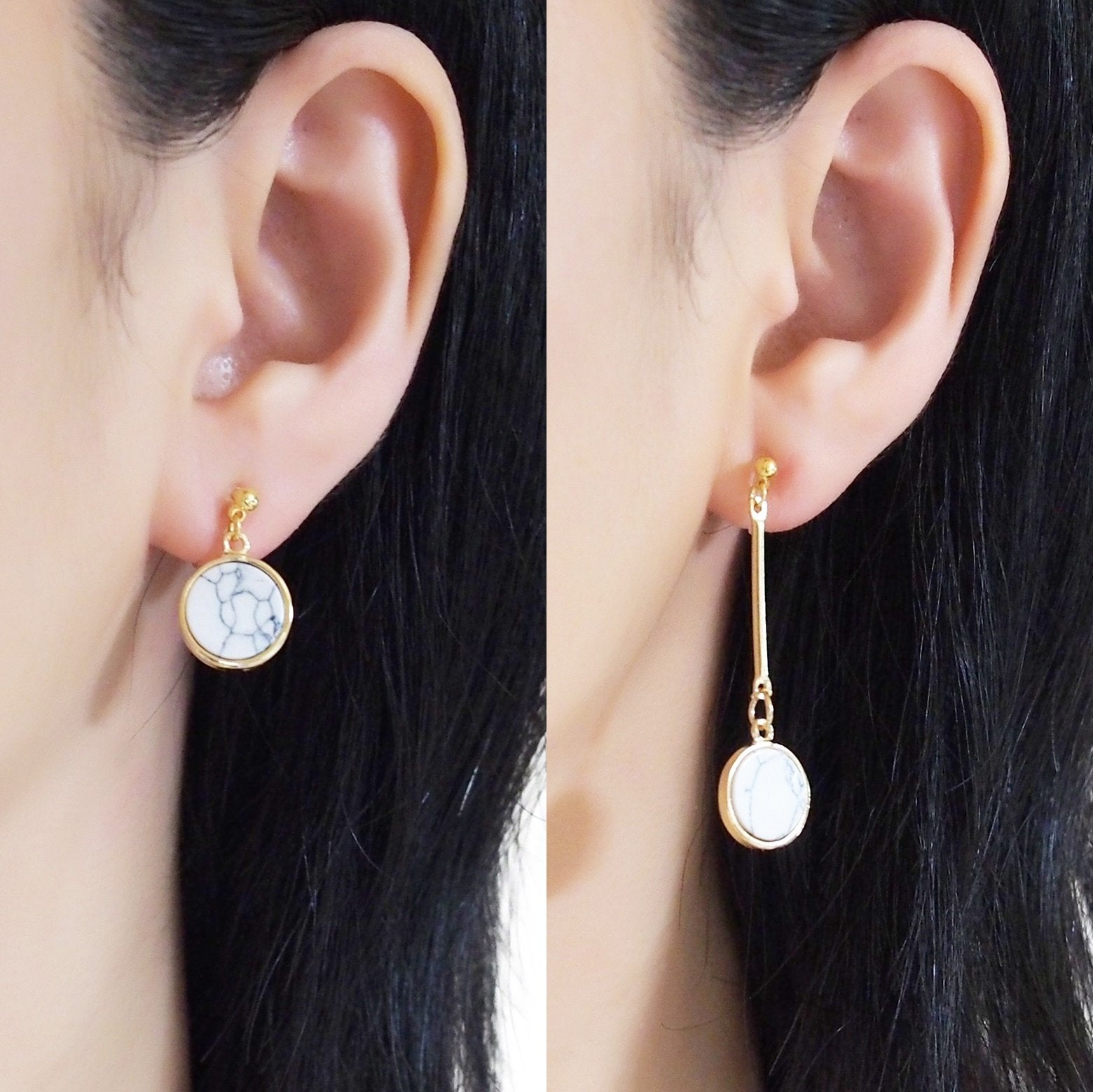 Asymmetric Round Marble Faux White Stone Invisible Clip On Earrings - miyabigracejewelry.com