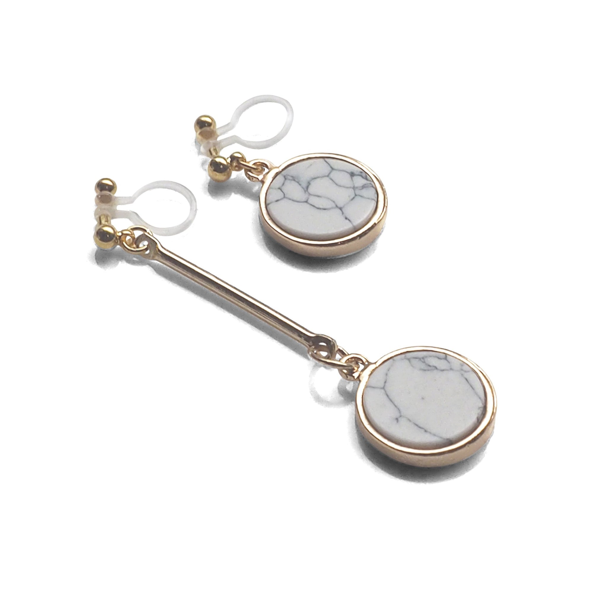 Asymmetric Round Marble Faux White Stone Invisible Clip On Earrings - miyabigracejewelry.com