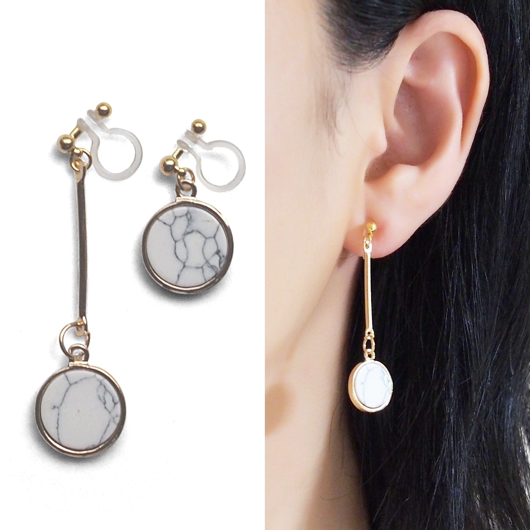 Asymmetric Round Marble Faux White Stone Invisible Clip On Earrings - miyabigracejewelry.com
