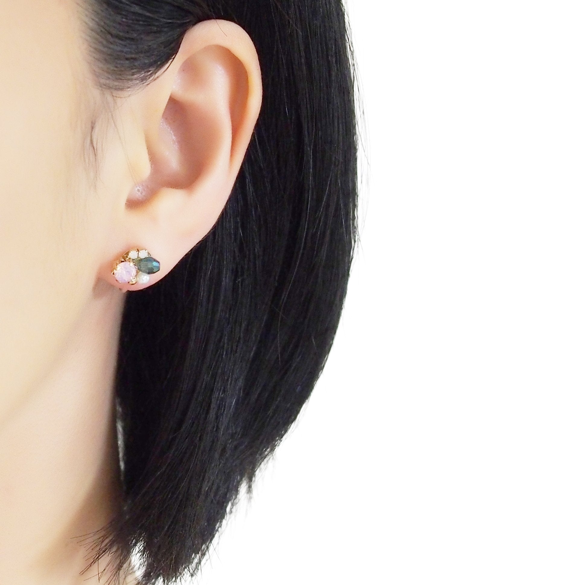 Pink and Green Rhinestone Crystal Invisible Clip On Stud Earrings - miyabigracejewelry.com