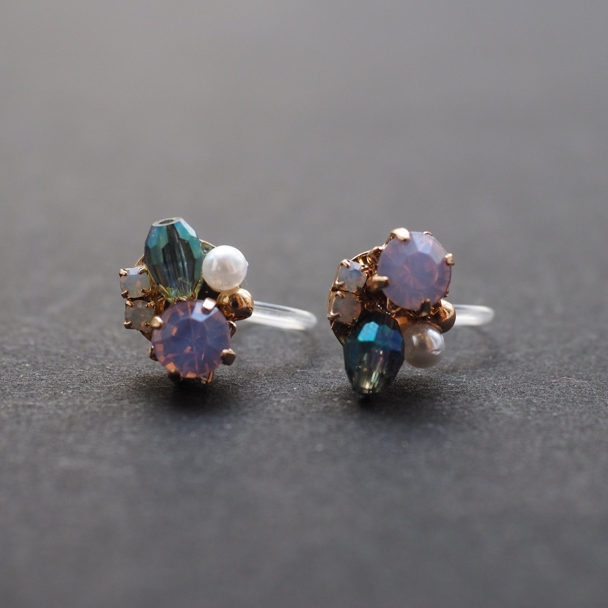 Pink and Green Rhinestone Crystal Invisible Clip On Stud Earrings - miyabigracejewelry.com
