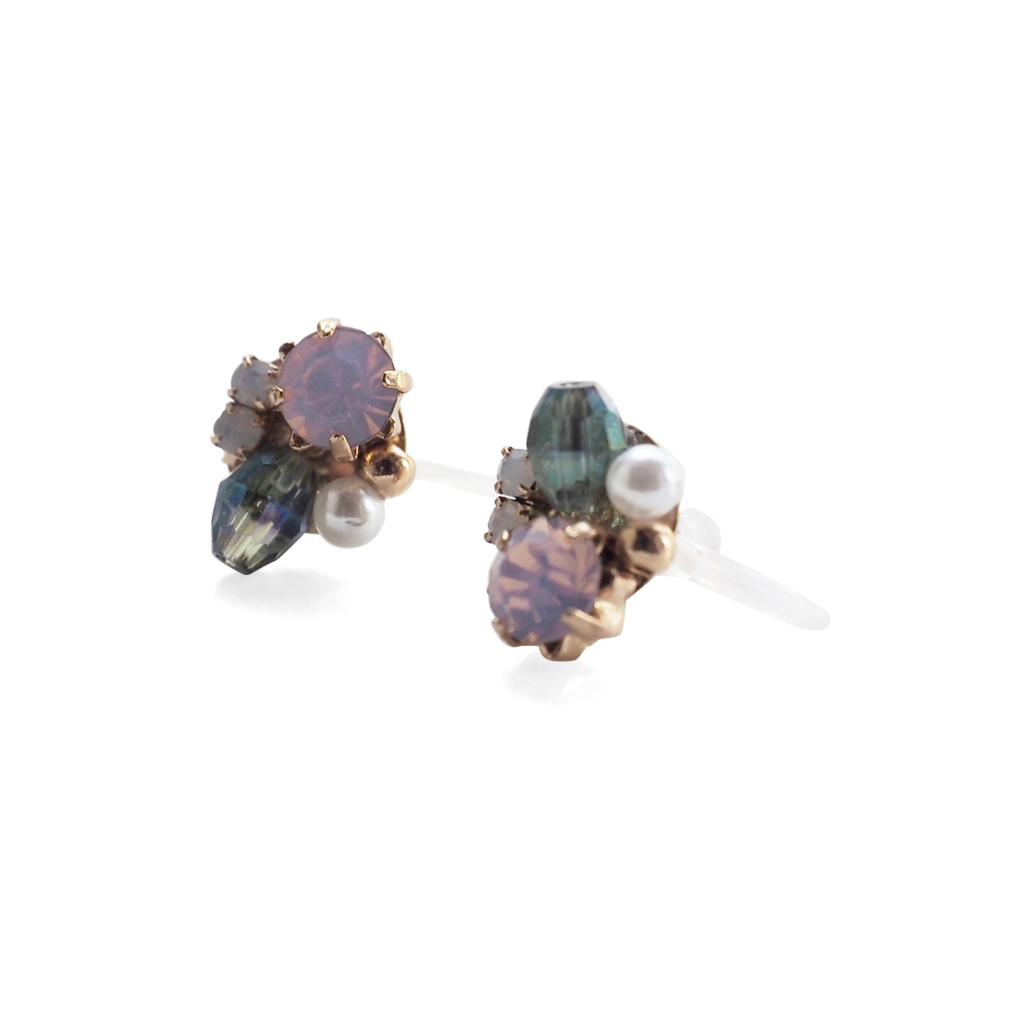 Pink and Green Rhinestone Crystal Invisible Clip On Stud Earrings - miyabigracejewelry.com