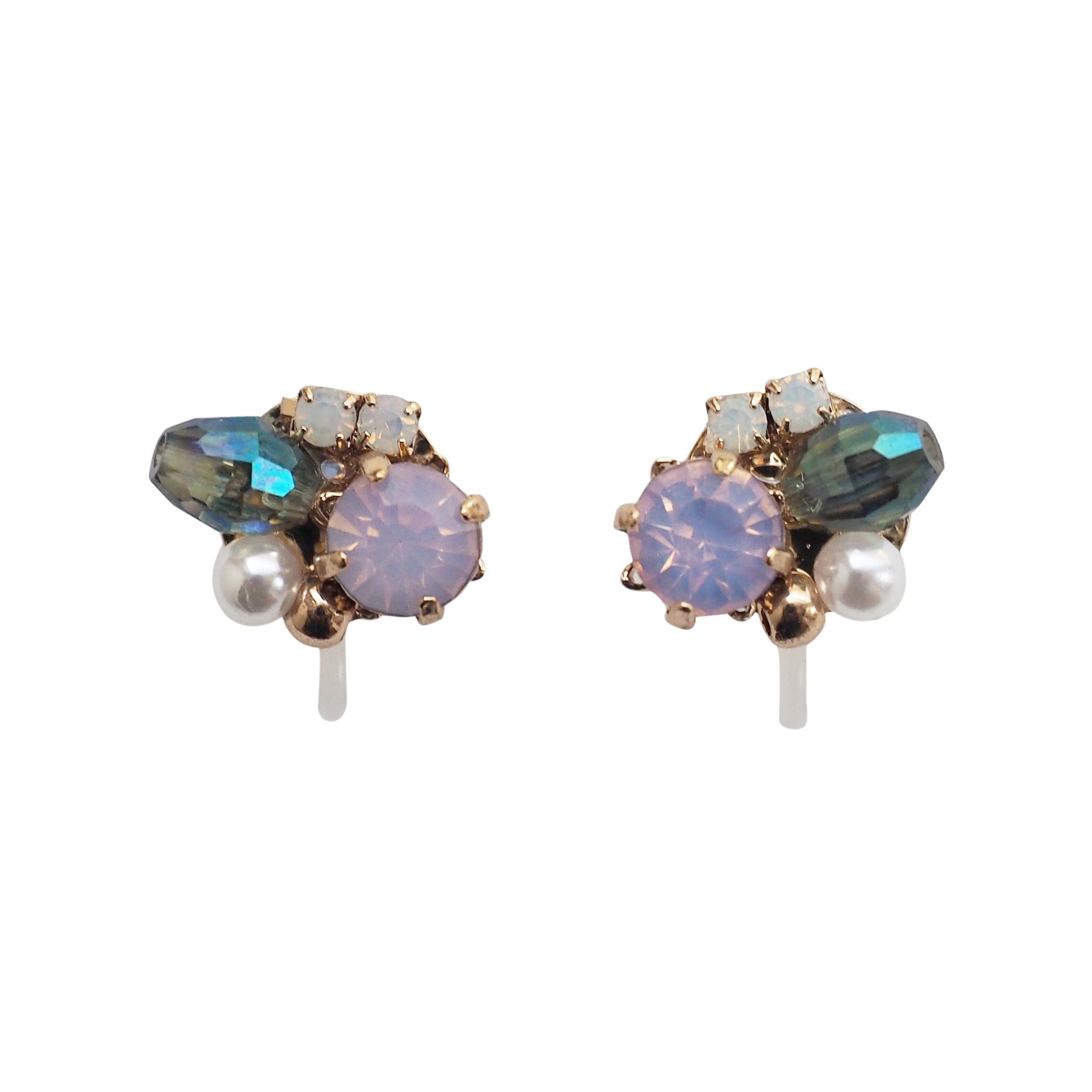 Pink and Green Rhinestone Crystal Invisible Clip On Stud Earrings - miyabigracejewelry.com