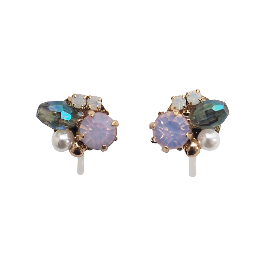 Pink and Green Rhinestone Crystal Invisible Clip On Stud Earrings - miyabigracejewelry.com