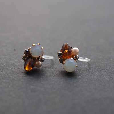 White and Brown Rhinestone Crystal Invisible Clip On Stud Earrings - miyabigracejewelry.com