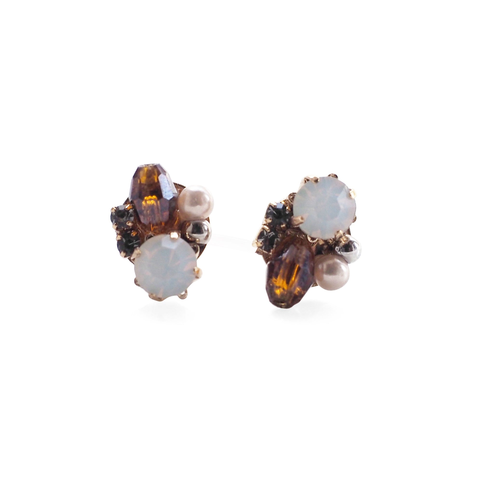 White and Brown Rhinestone Crystal Invisible Clip On Stud Earrings - miyabigracejewelry.com