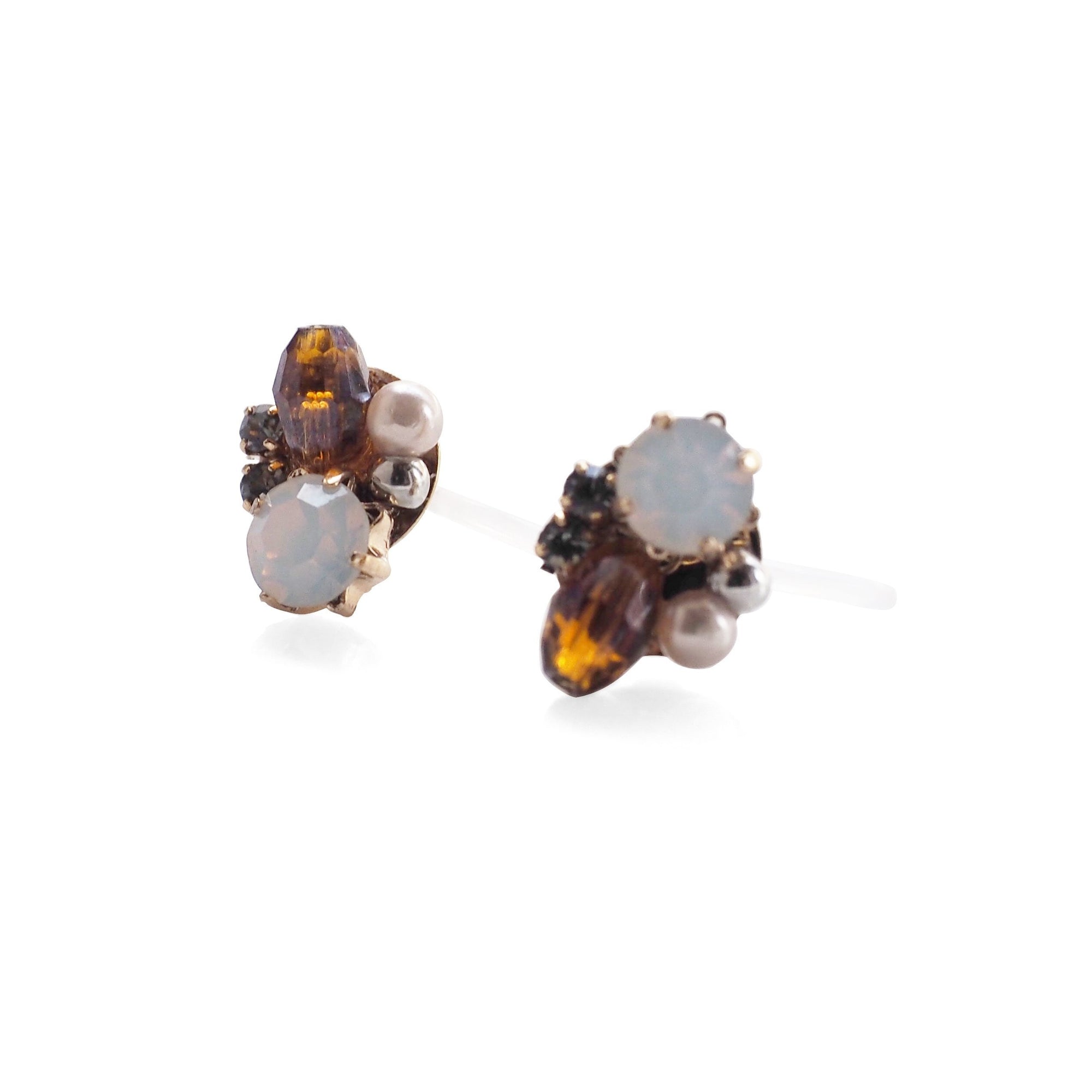 White and Brown Rhinestone Crystal Invisible Clip On Stud Earrings - miyabigracejewelry.com