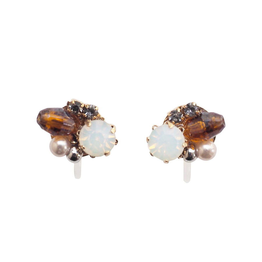 White and Brown Rhinestone Crystal Invisible Clip On Stud Earrings - miyabigracejewelry.com