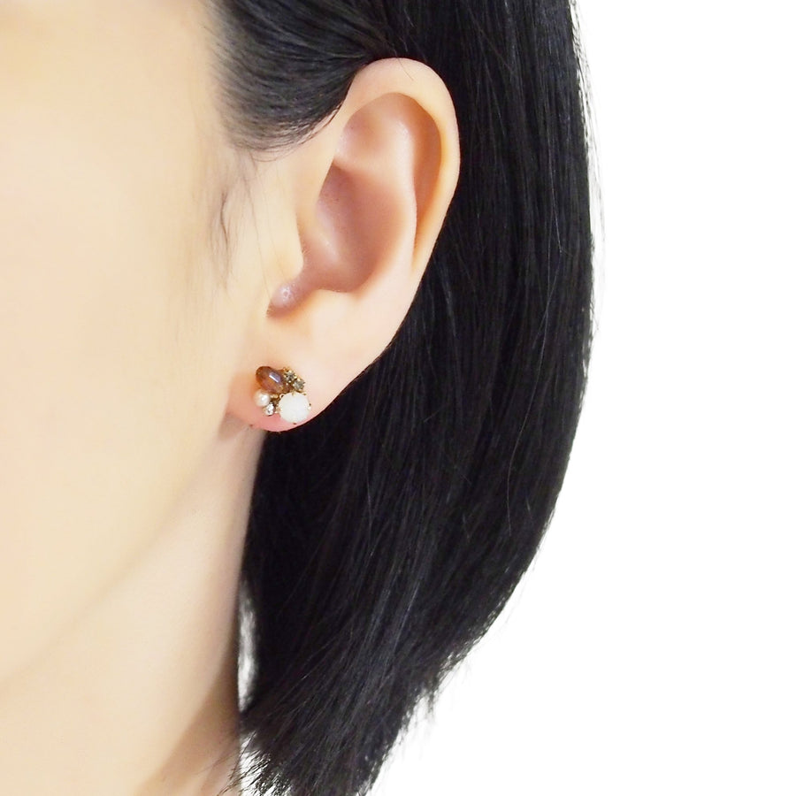 White and Brown Rhinestone Crystal Invisible Clip On Stud Earrings - miyabigracejewelry.com