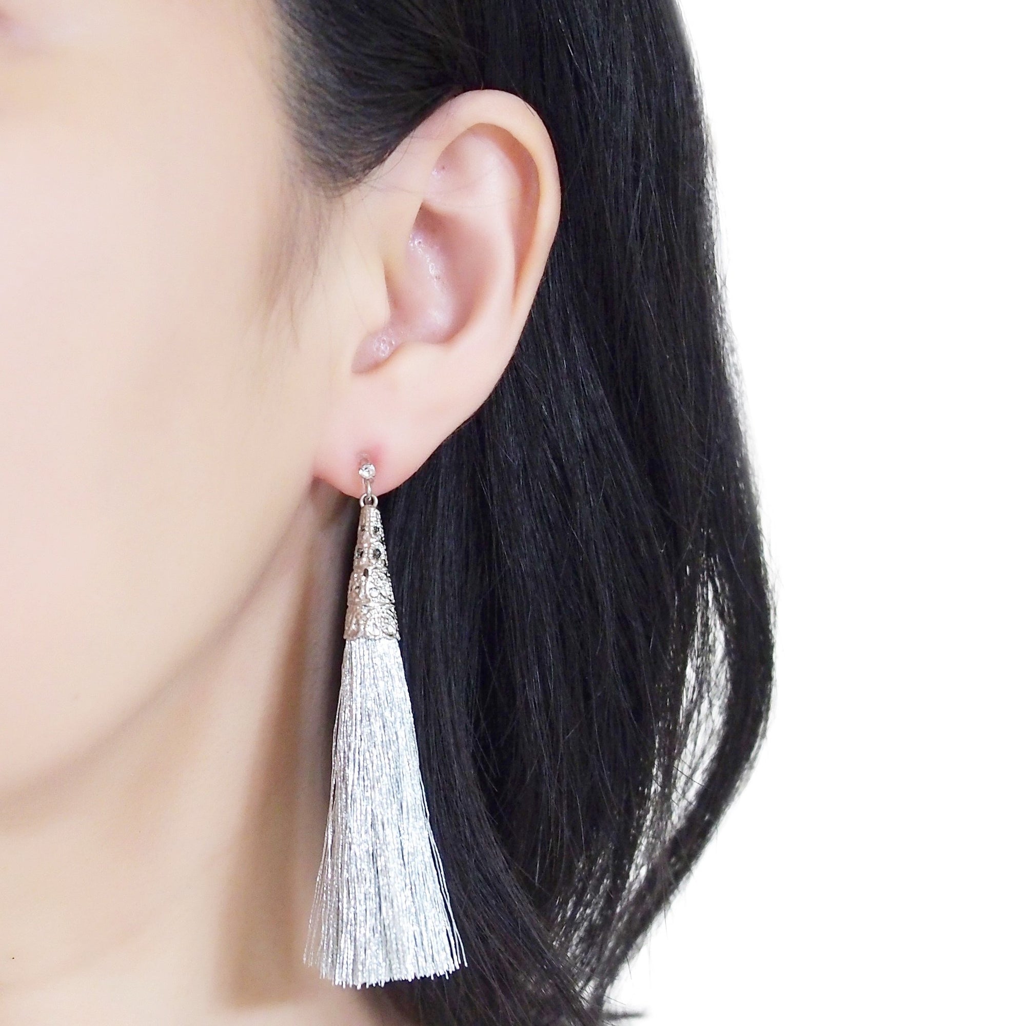 Long Silver Tassel Invisible Clip On Earrings - miyabigracejewelry.com