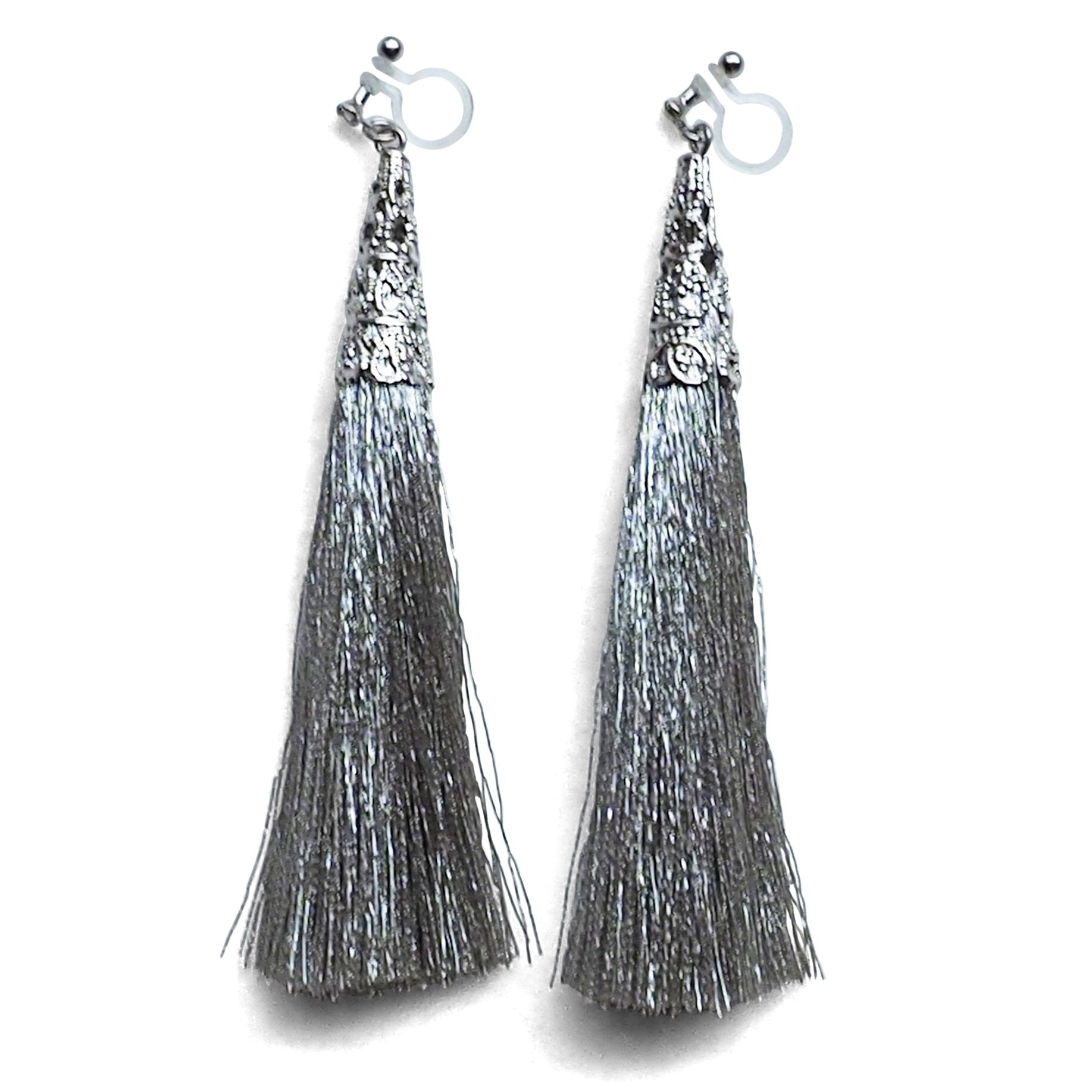 Long Silver Tassel Invisible Clip On Earrings - miyabigracejewelry.com
