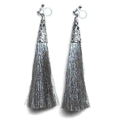 Long Silver Tassel Invisible Clip On Earrings - miyabigracejewelry.com