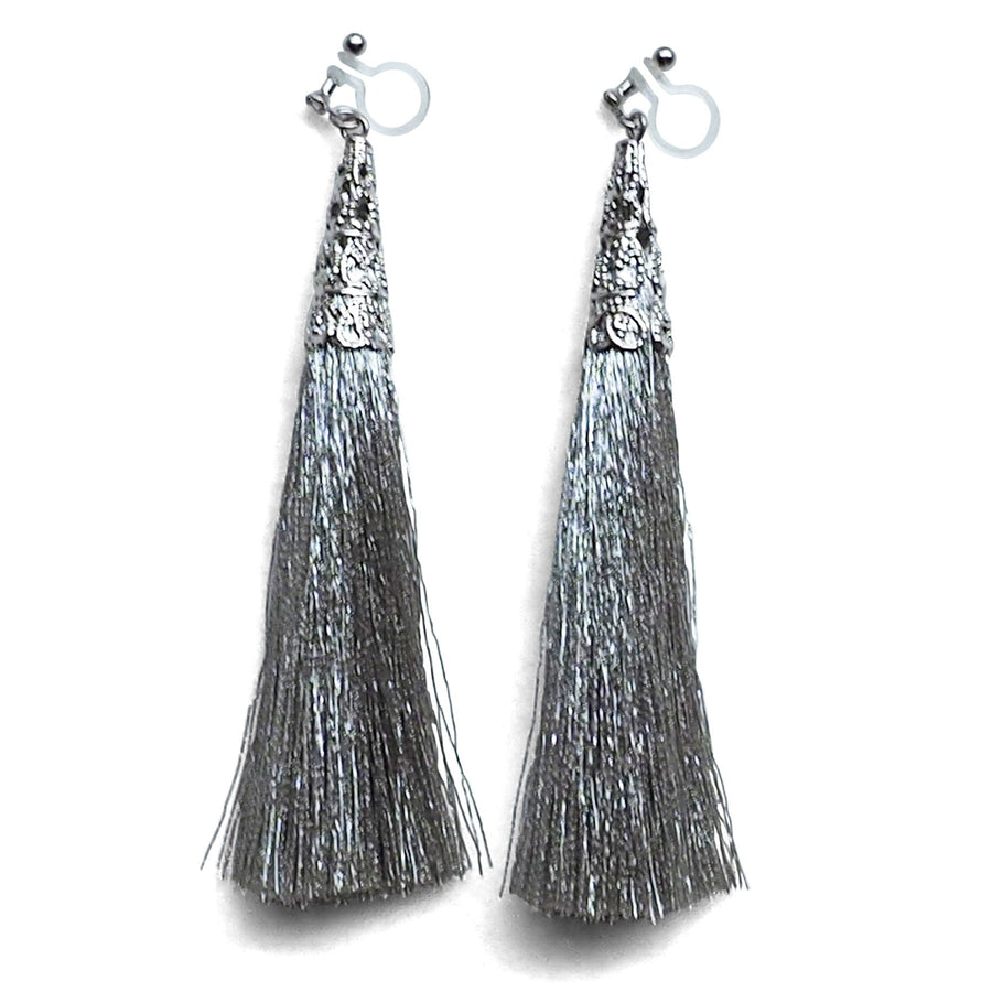 Long Silver Tassel Invisible Clip On Earrings - miyabigracejewelry.com