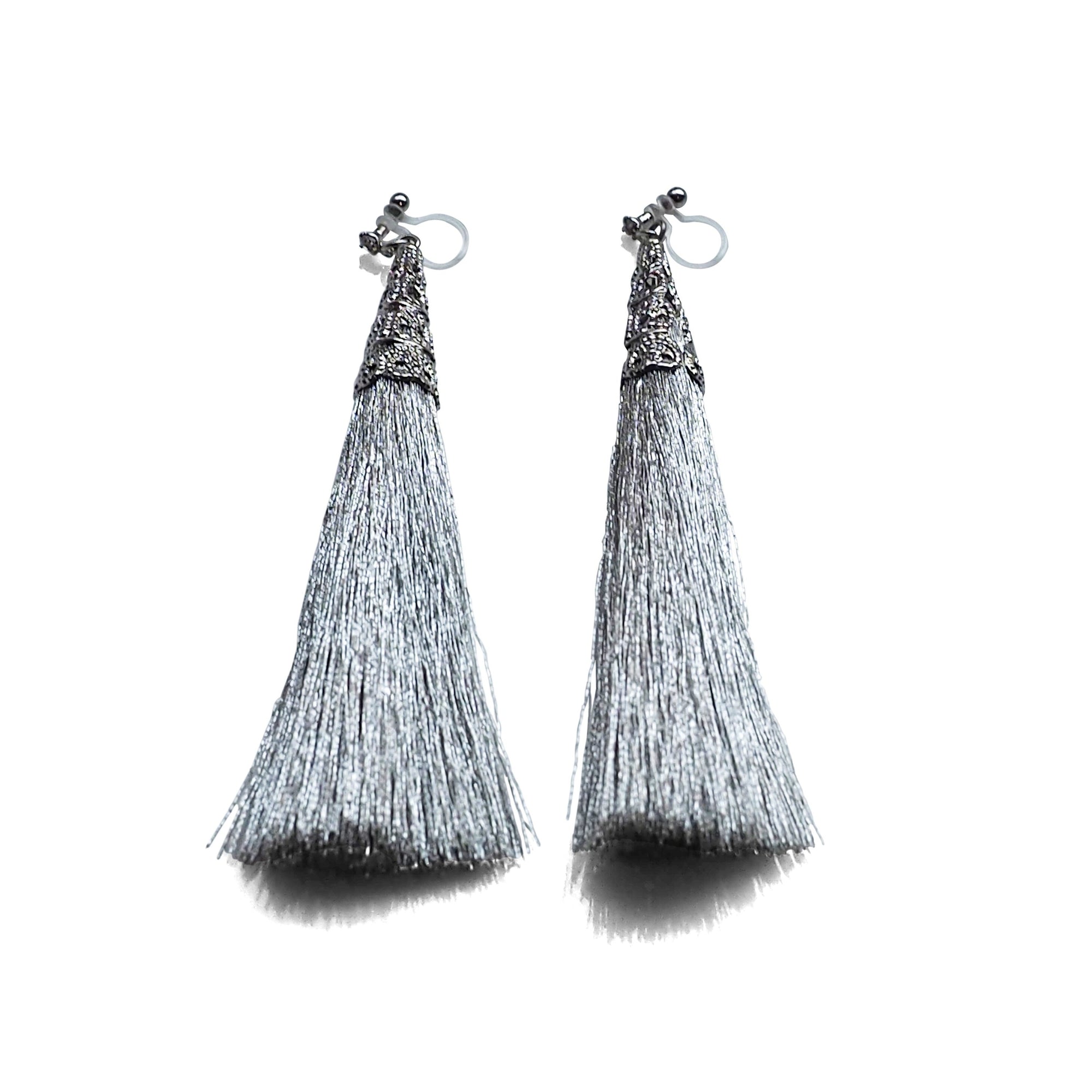 Long Silver Tassel Invisible Clip On Earrings - miyabigracejewelry.com