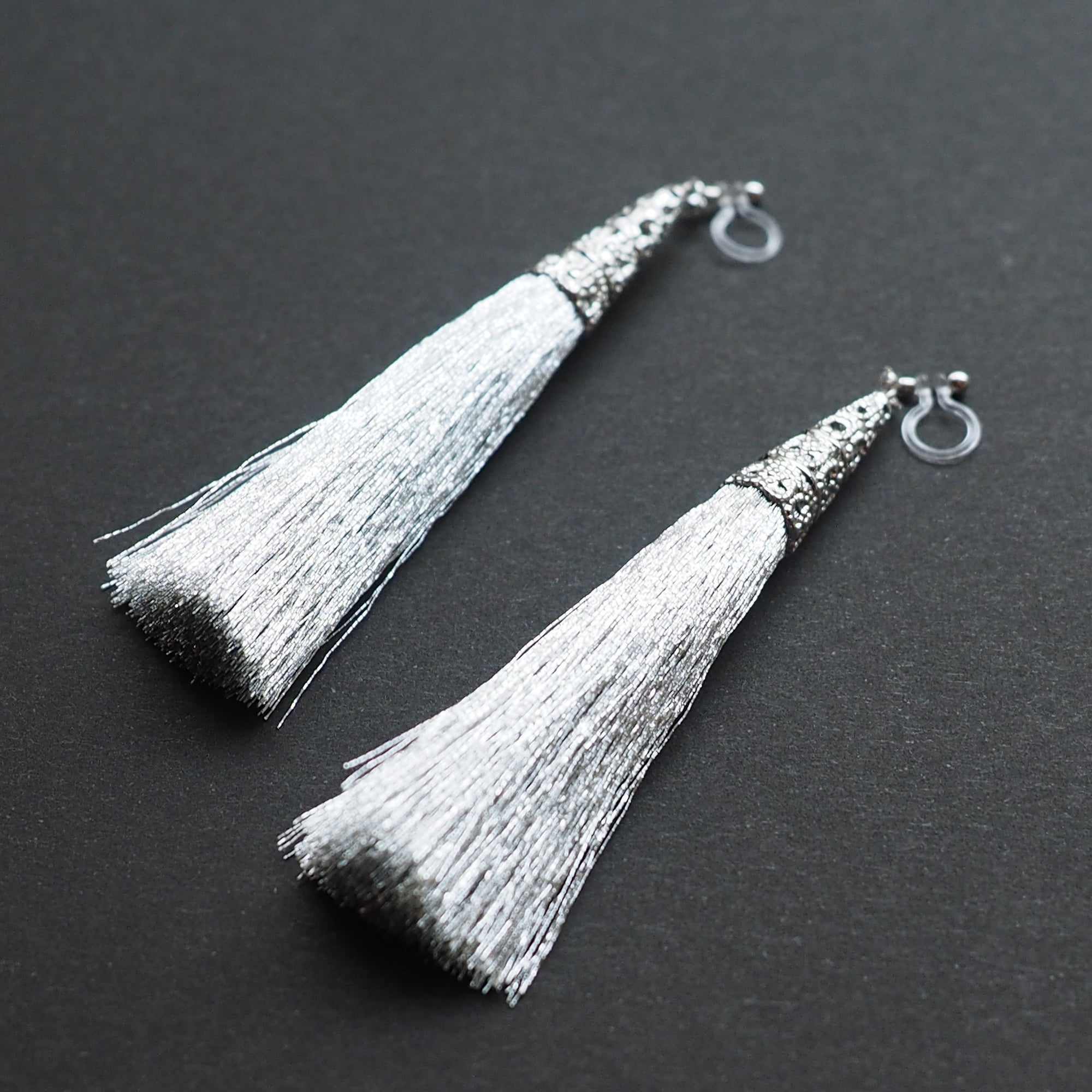 Long Silver Tassel Invisible Clip On Earrings - miyabigracejewelry.com