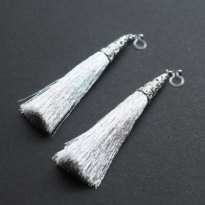 Long Silver Tassel Invisible Clip On Earrings - miyabigracejewelry.com