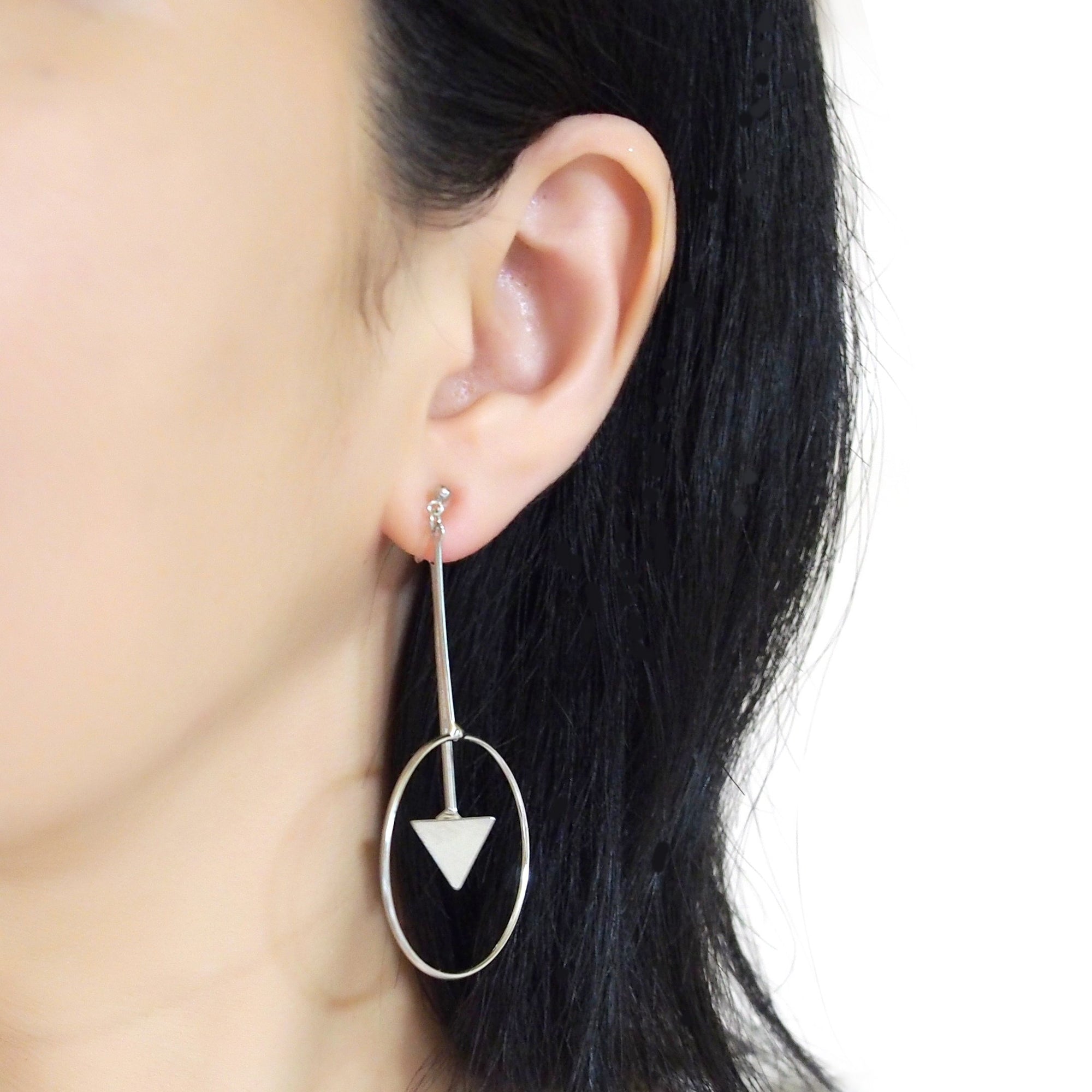 Double Sided Ball and Arrow Bar Clip on Hoop Earrings (Silver tone) - miyabigracejewelry.com
