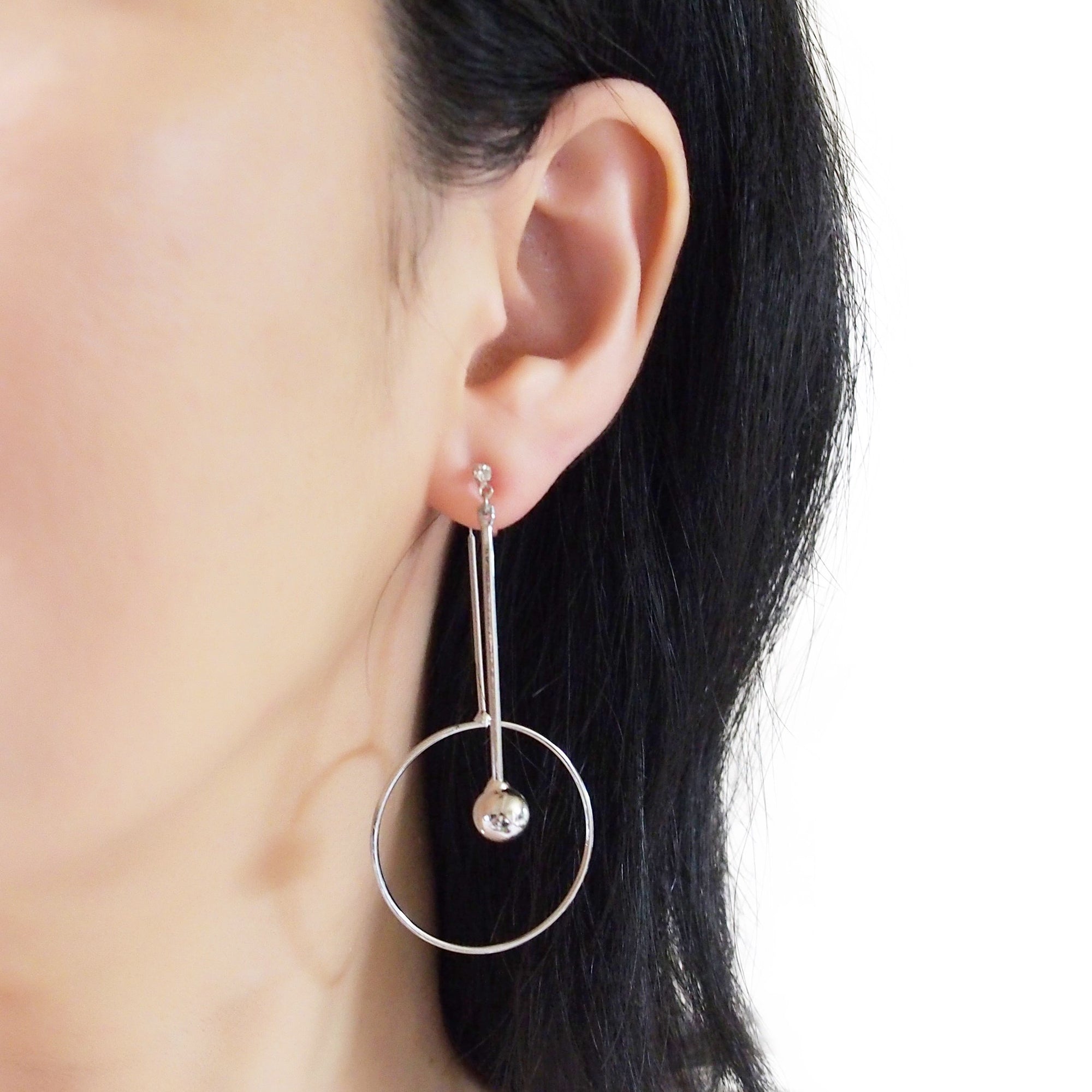 Double Sided Ball and Arrow Bar Clip on Hoop Earrings (Silver tone) - miyabigracejewelry.com